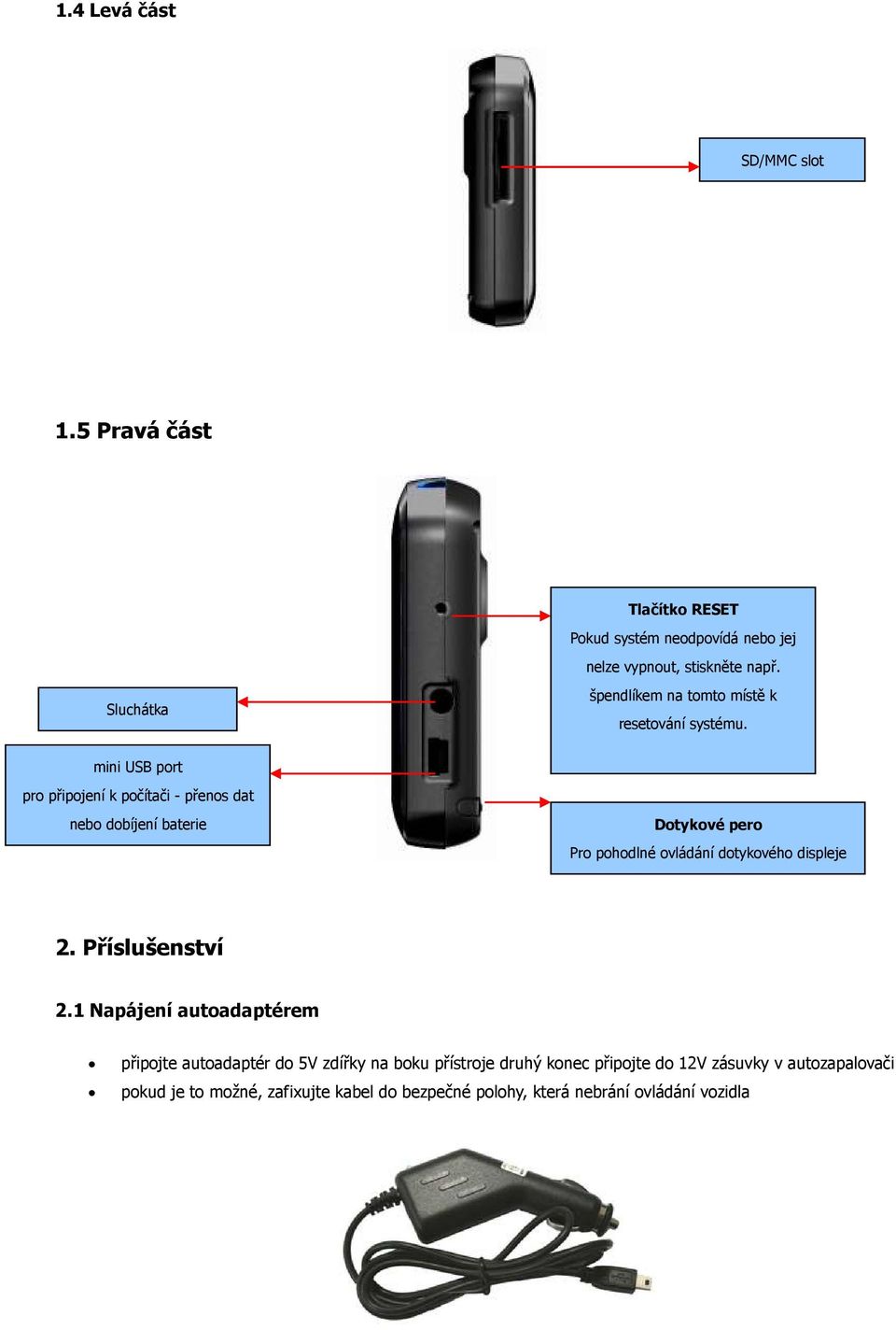 mini USB port pro připojení k počítači - přenos dat nebo dobíjení baterie Dotykové pero Pro pohodlné ovládání dotykového displeje 2.