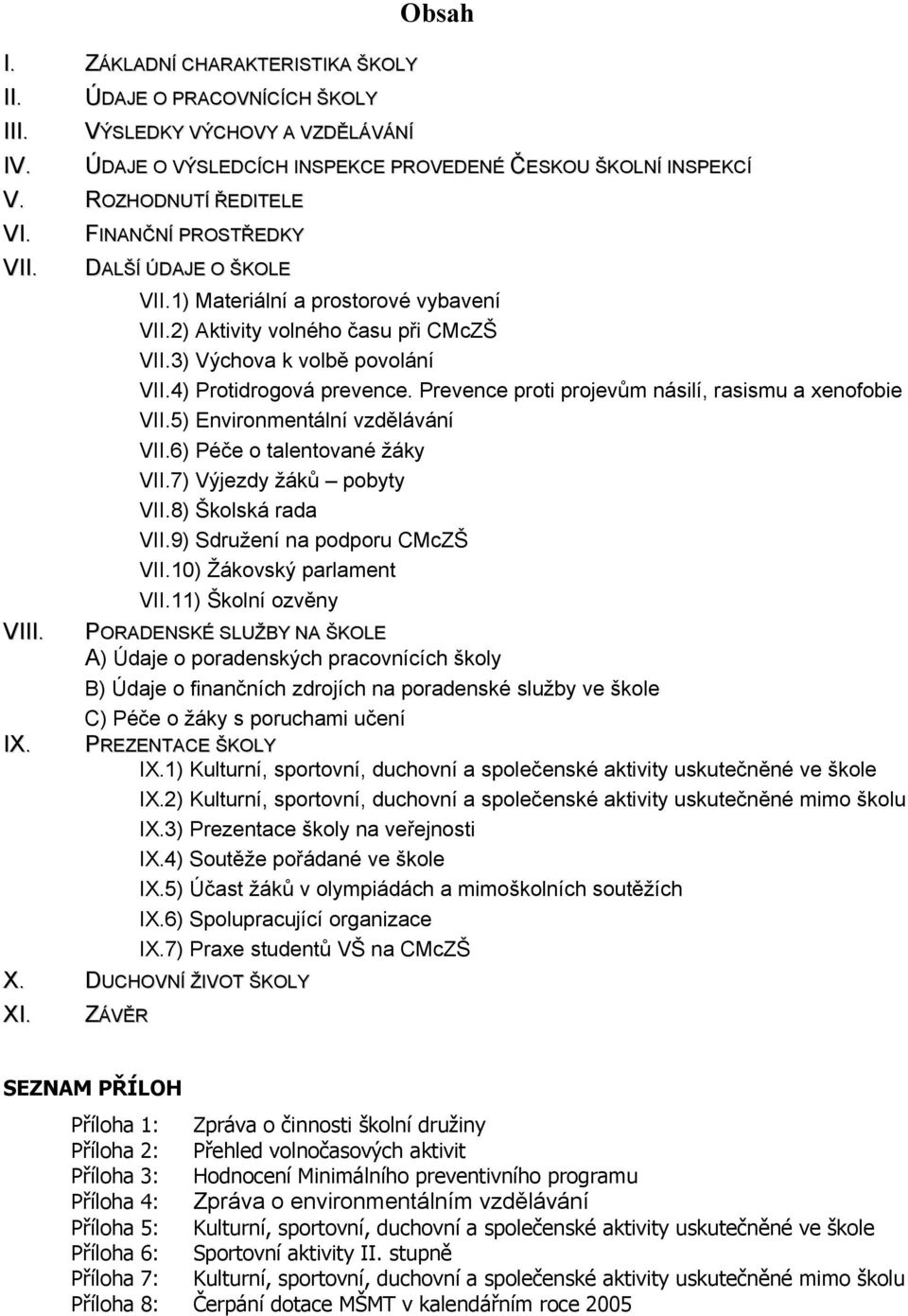 Prevence proti projevům násilí, rasismu a xenofobie VII.5) Environmentální vzdělávání VII.6) Péče o talentované žáky VII.7) Výjezdy žáků pobyty VII.8) Školská rada VII.