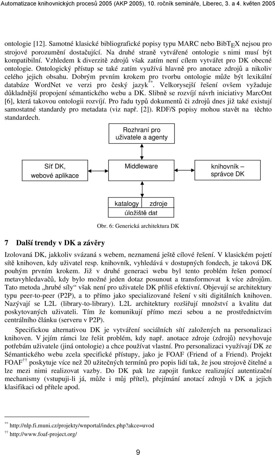 Dobrým prvním krokem pro tvorbu ontologie může být lexikální databáze WordNet ve verzi pro český jazyk **. Velkorysejší řešení ovšem vyžaduje důkladnější propojení sémantického webu a DK.