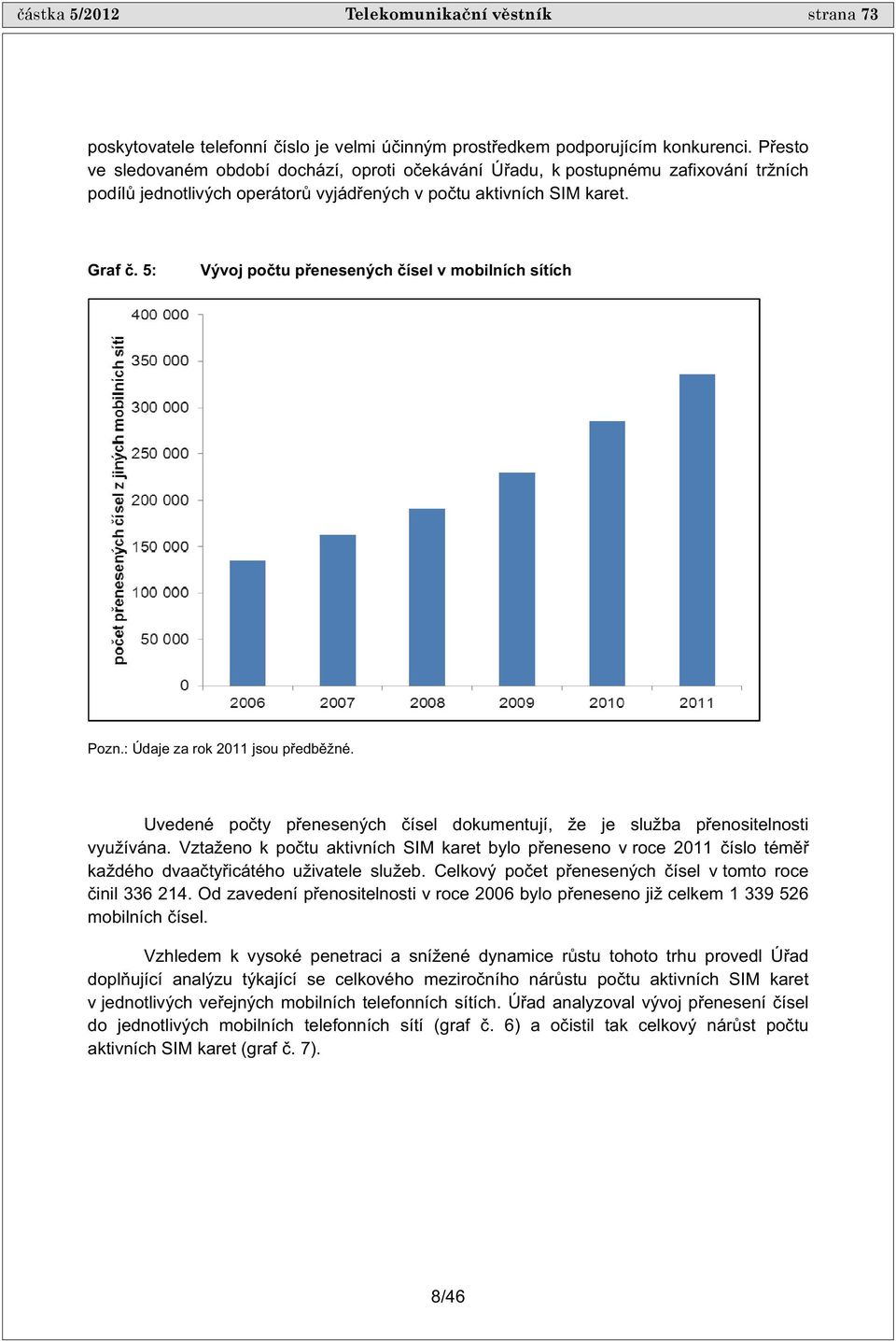 5: Vývoj po tu p enesených ísel v mobilních sítích Pozn.: Údaje za rok 2011 jsou p edb žné. Uvedené po ty p enesených ísel dokumentují, že je služba p enositelnosti využívána.