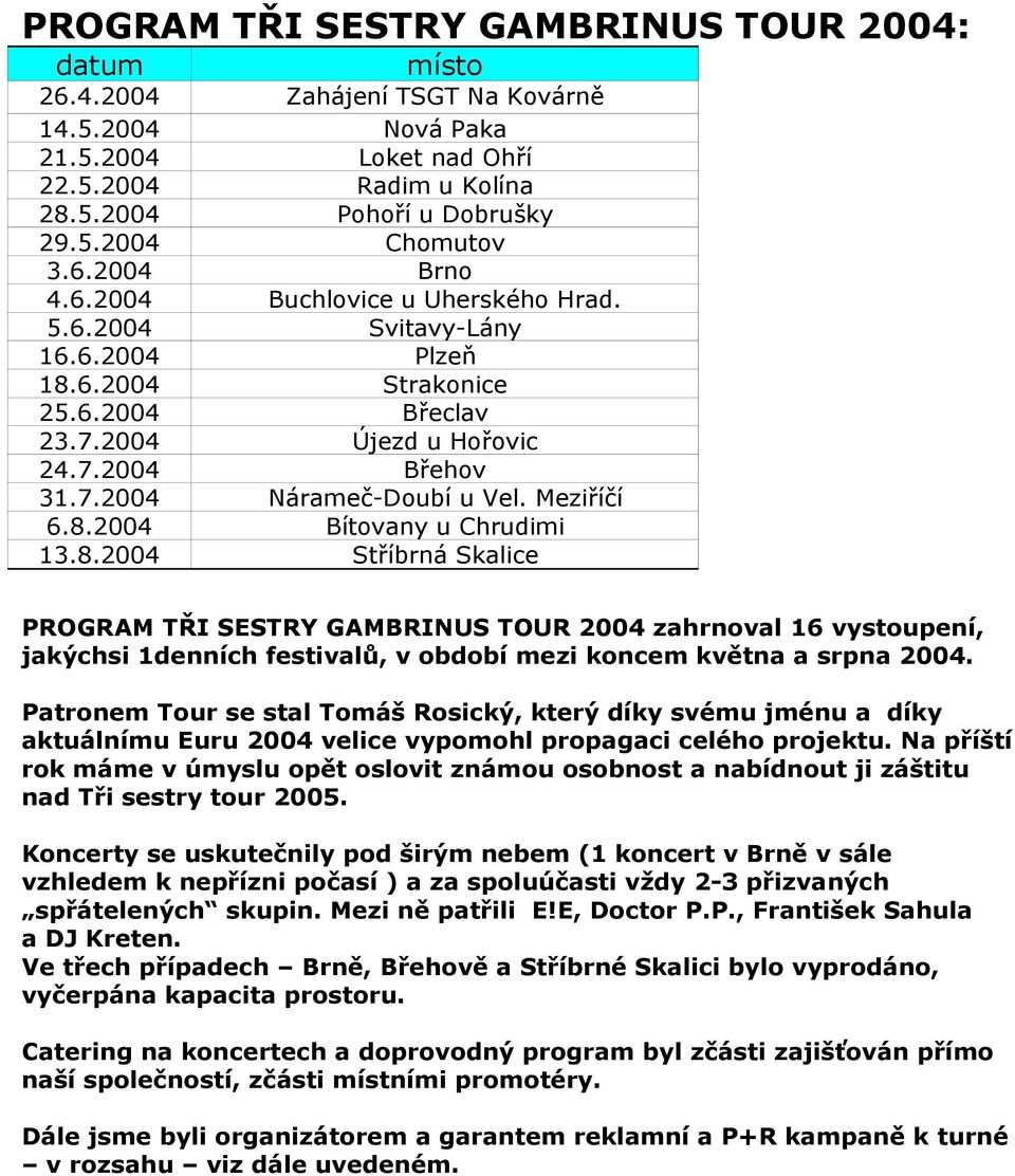 Meziříčí 6.8.2004 Bítovany u Chrudimi 13.8.2004 Stříbrná Skalice PROGRAM TŘI SESTRY GAMBRINUS TOUR 2004 zahrnoval 16 vystoupení, jakýchsi 1denních festivalů, v období mezi koncem května a srpna 2004.