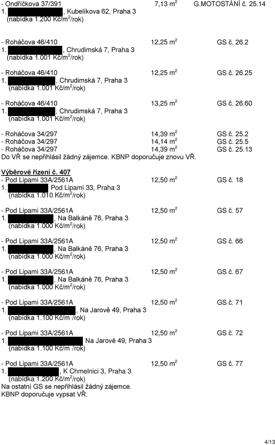 25.2 - Roháčova 34/297 14,14 m 2 GS č. 25.5 - Roháčova 34/297 14,39 m 2 GS č. 25.13 Do VŘ se nepřihlásil žádný zájemce. KBNP doporučuje znovu VŘ. Výběrové řízení č.