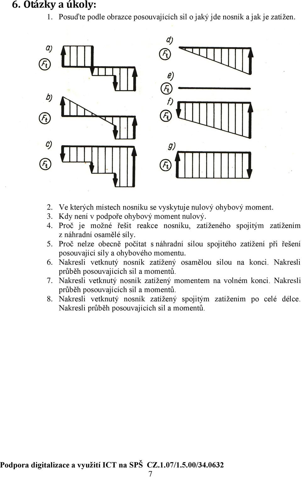 Proč nelze obecně počítat s náhradní silou spojitého zatížení při řešení posouvající síly a ohybového momentu. 6. Nakresli vetknutý nosník zatížený osamělou silou na konci.