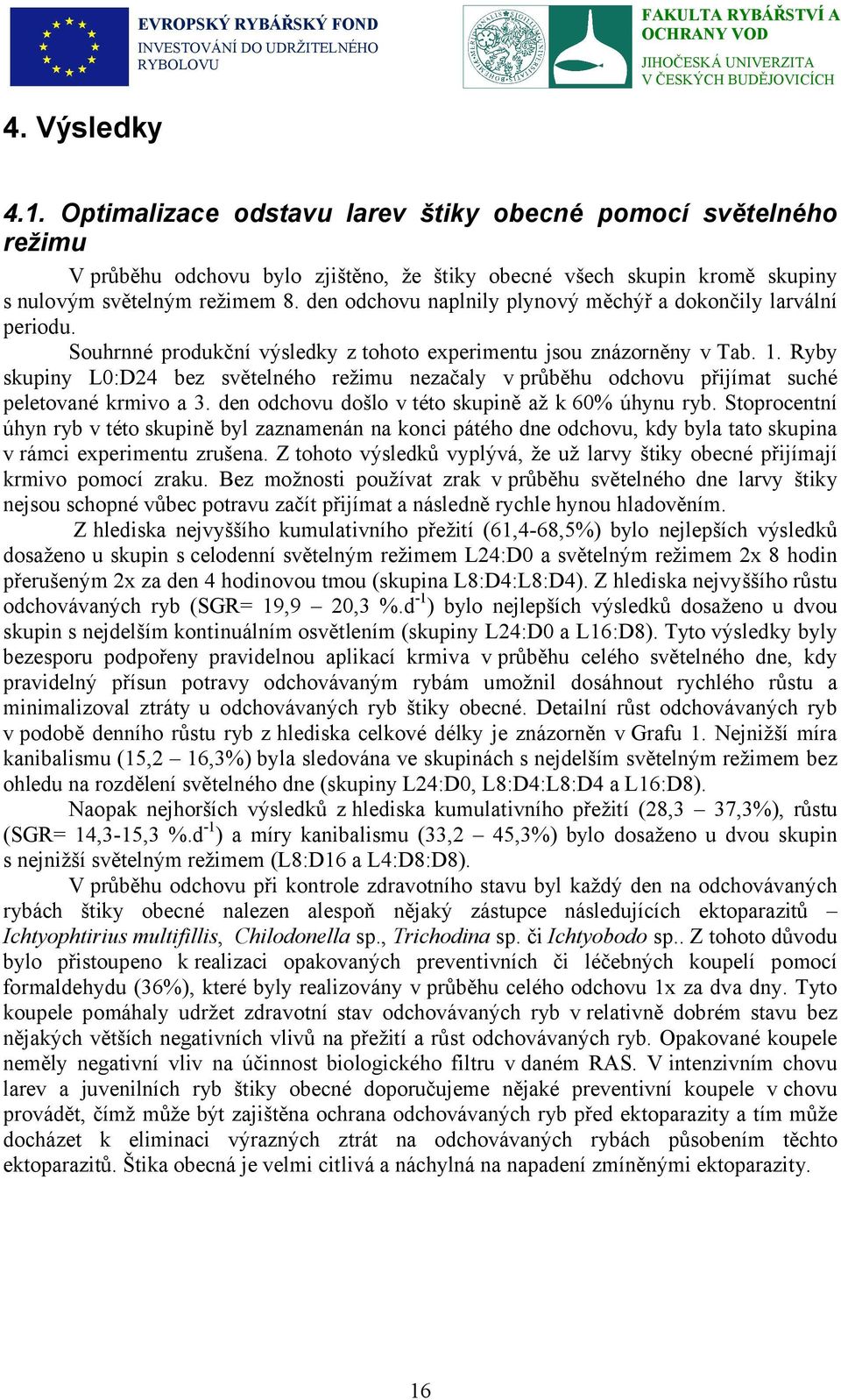 Ryby skupiny L0:D24 bez světelného režimu nezačaly v průběhu odchovu přijímat suché peletované krmivo a 3. den odchovu došlo v této skupině až k 60% úhynu ryb.