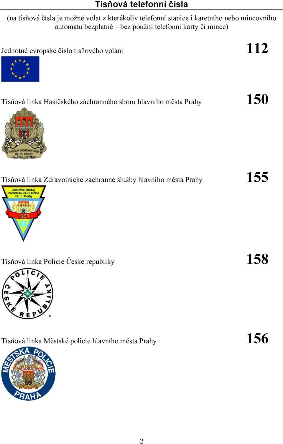Tísňová linka Hasičského záchranného sboru hlavního města Prahy 150 Tísňová linka Zdravotnické záchranné služby