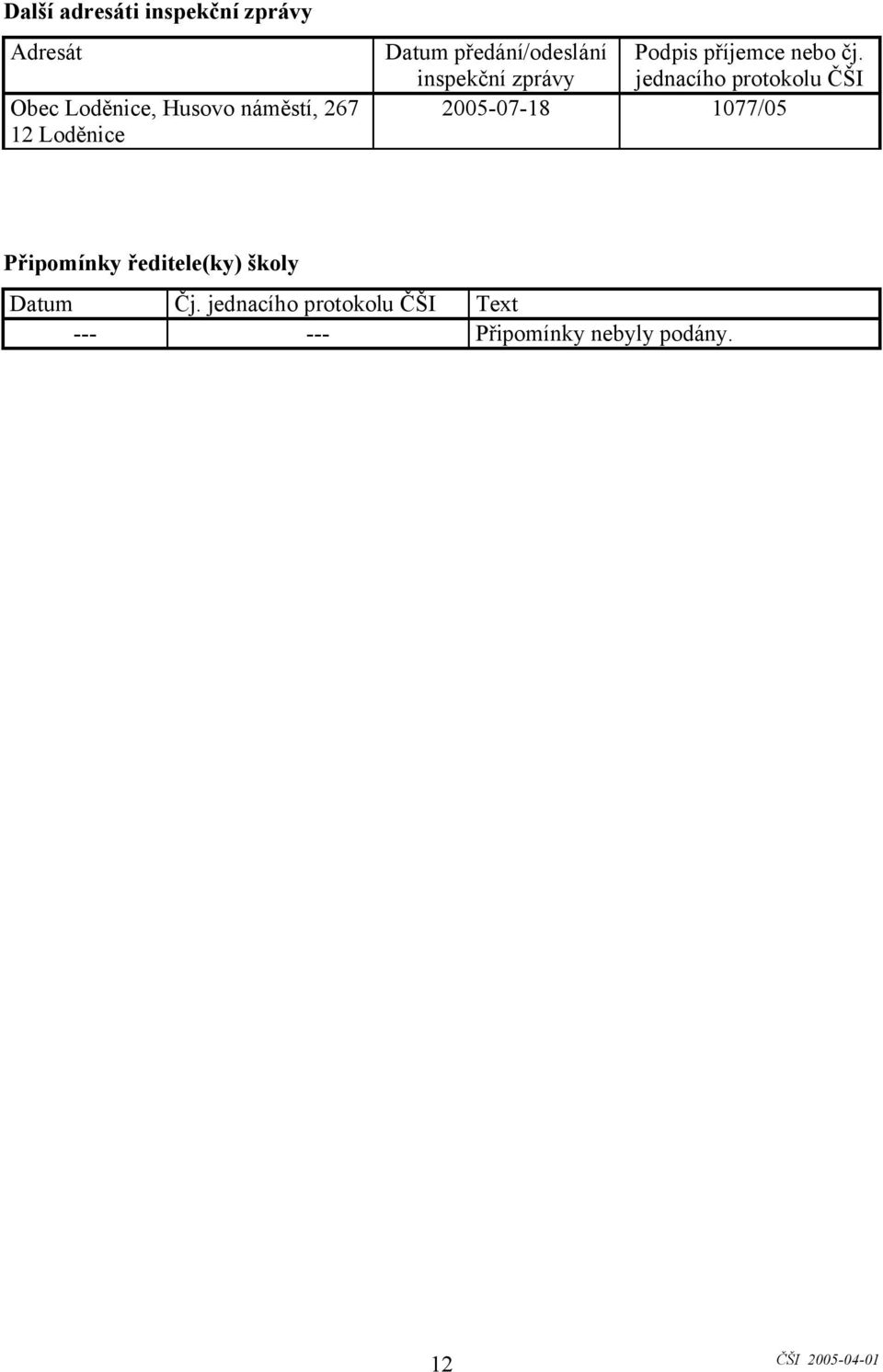 inspekční zprávy jednacího protokolu ČŠI 2005-07-18 1077/05 Připomínky