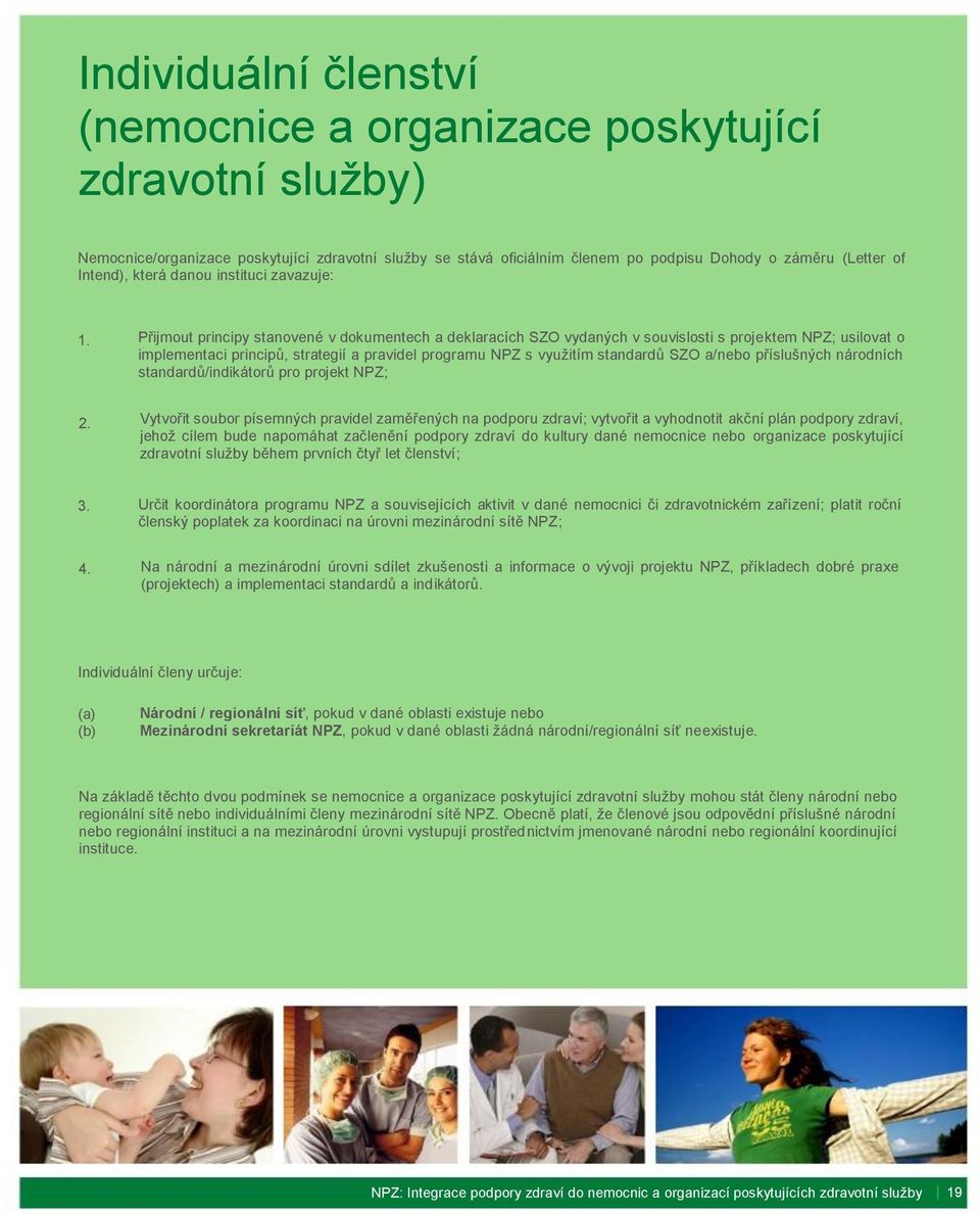 Přijmout principy stanovené v dokumentech a deklaracích SZO vydaných v souvislosti s projektem NPZ; usilovat o implementaci principů, strategií a pravidel programu NPZ s využitím standardů SZO a/nebo