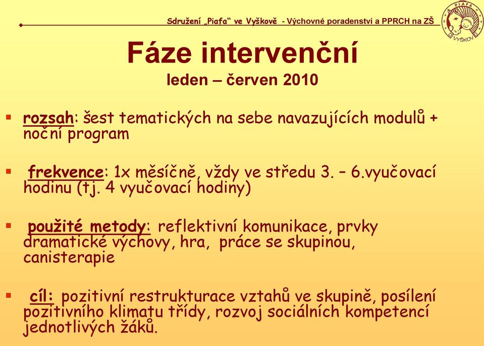 4 vyučovací hodiny) použité metody: reflektivní komunikace, prvky dramatické výchovy, hra, práce se