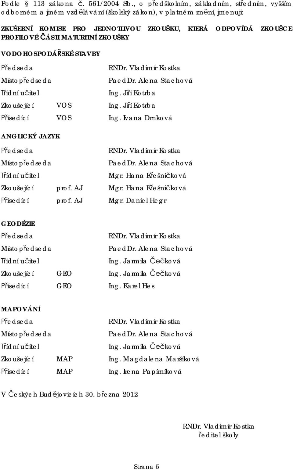 JEDNOTLIVOU ZKOUŠKU, KTERÁ ODPOVÍDÁ ZKOUŠCE PROFILOVÉ ÁSTI MATURITNÍ ZKOUŠKY VODOHOSPODÁ SKÉ STAVBY Zkoušející VOS ísedící VOS Ing.