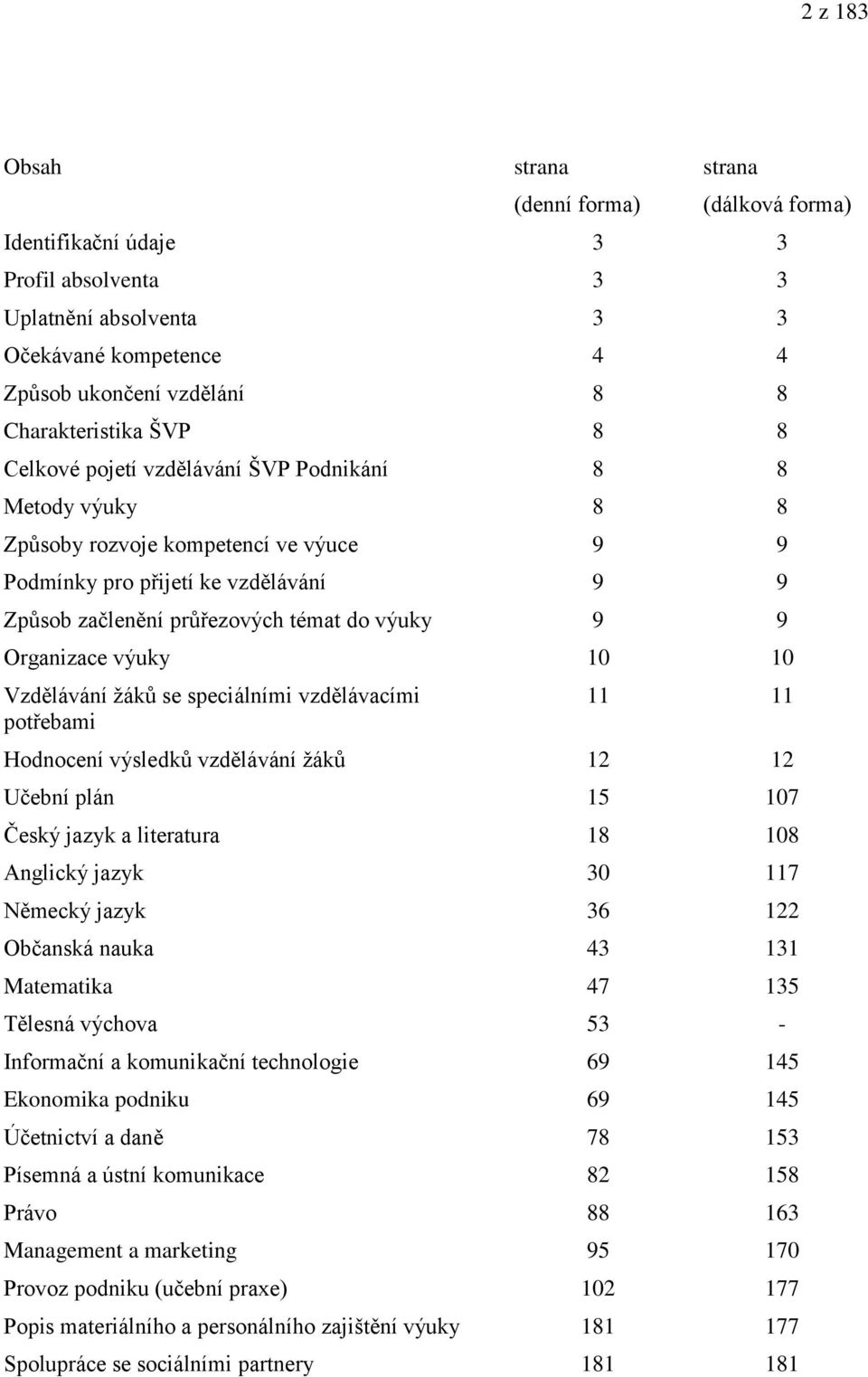 Organizace výuky 10 10 Vzdělávání žáků se speciálními vzdělávacími potřebami 11 11 Hodnocení výsledků vzdělávání žáků 12 12 Učební plán 15 107 Český jazyk a literatura 18 108 Anglický jazyk 30 117