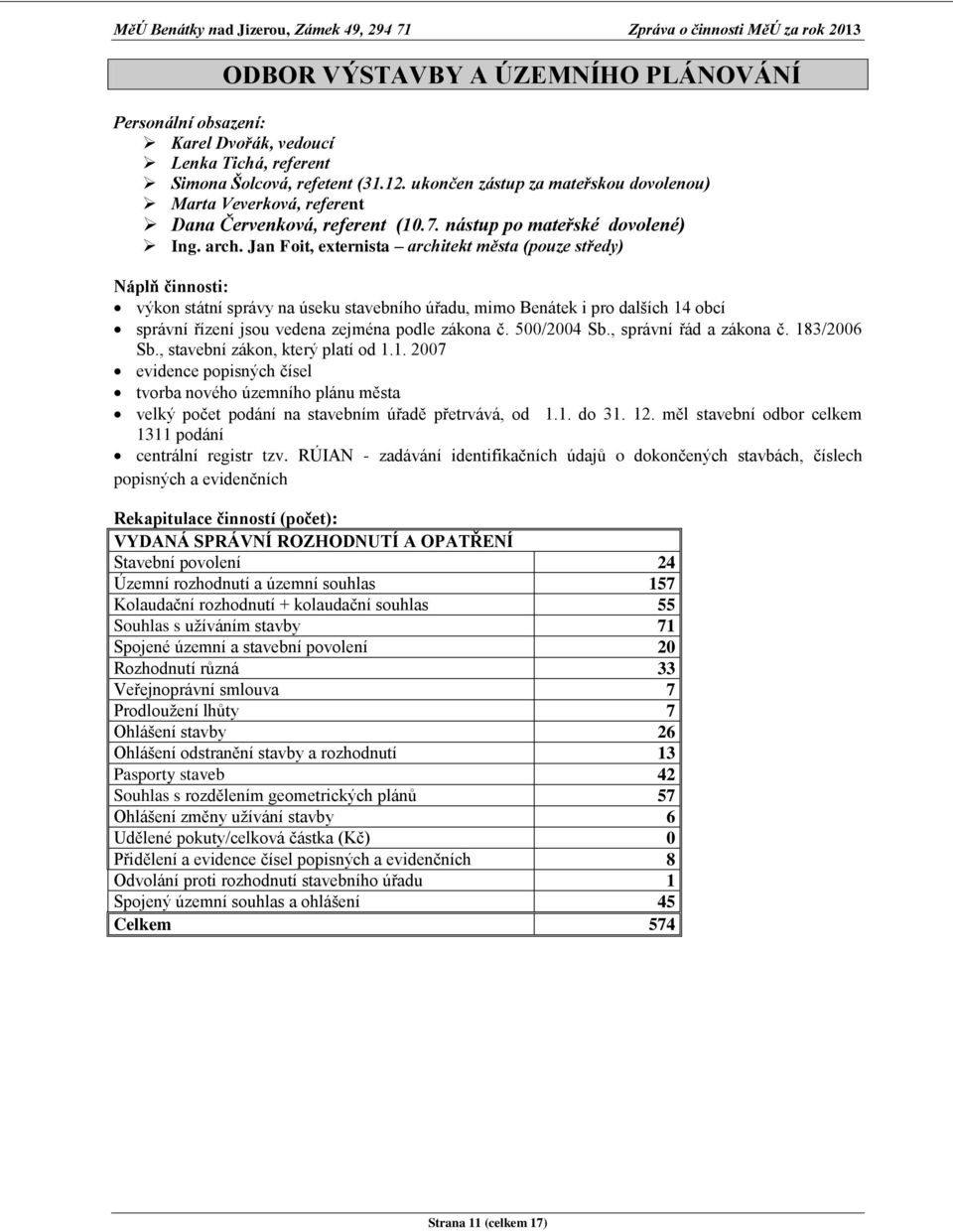 Jan Foit, externista architekt města (pouze středy) výkon státní správy na úseku stavebního úřadu, mimo Benátek i pro dalších 14 obcí správní řízení jsou vedena zejména podle zákona č. 500/2004 Sb.