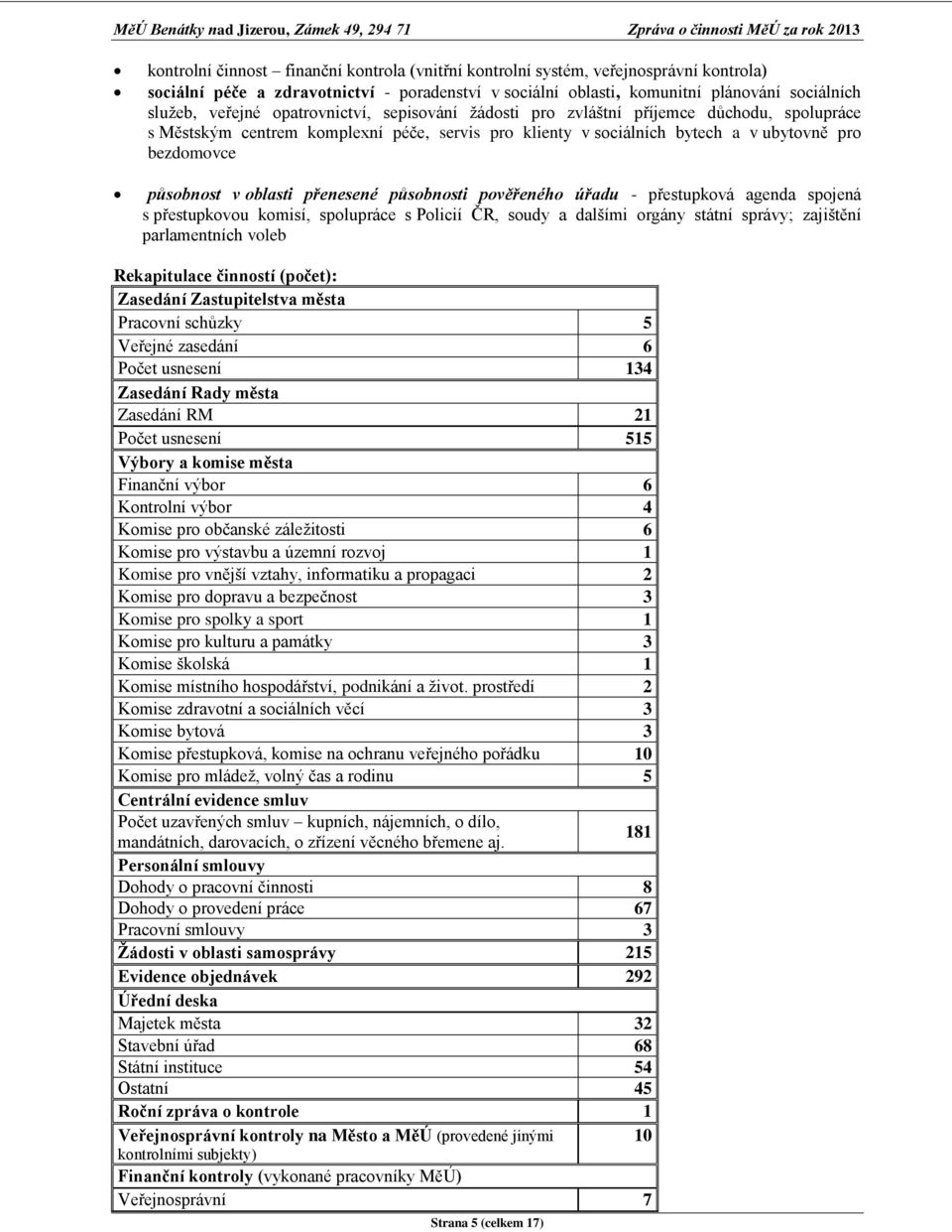 přenesené působnosti pověřeného úřadu - přestupková agenda spojená s přestupkovou komisí, spolupráce s Policií ČR, soudy a dalšími orgány státní správy; zajištění parlamentních voleb Rekapitulace