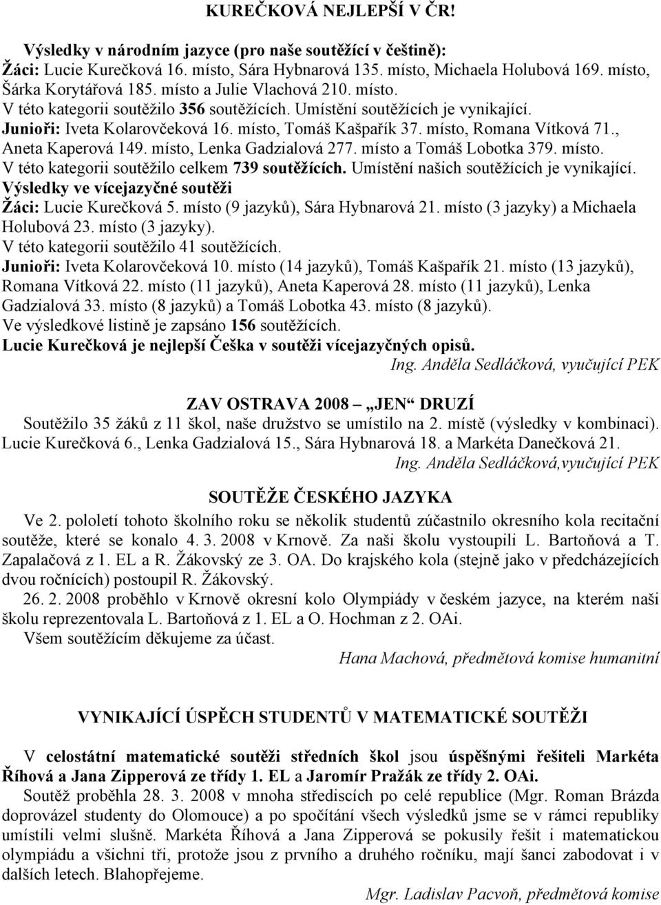 , Aneta Kaperová 149. místo, Lenka Gadzialová 277. místo a Tomáš Lobotka 379. místo. V této kategorii soutěžilo celkem 739 soutěžících. Umístění našich soutěžících je vynikající.