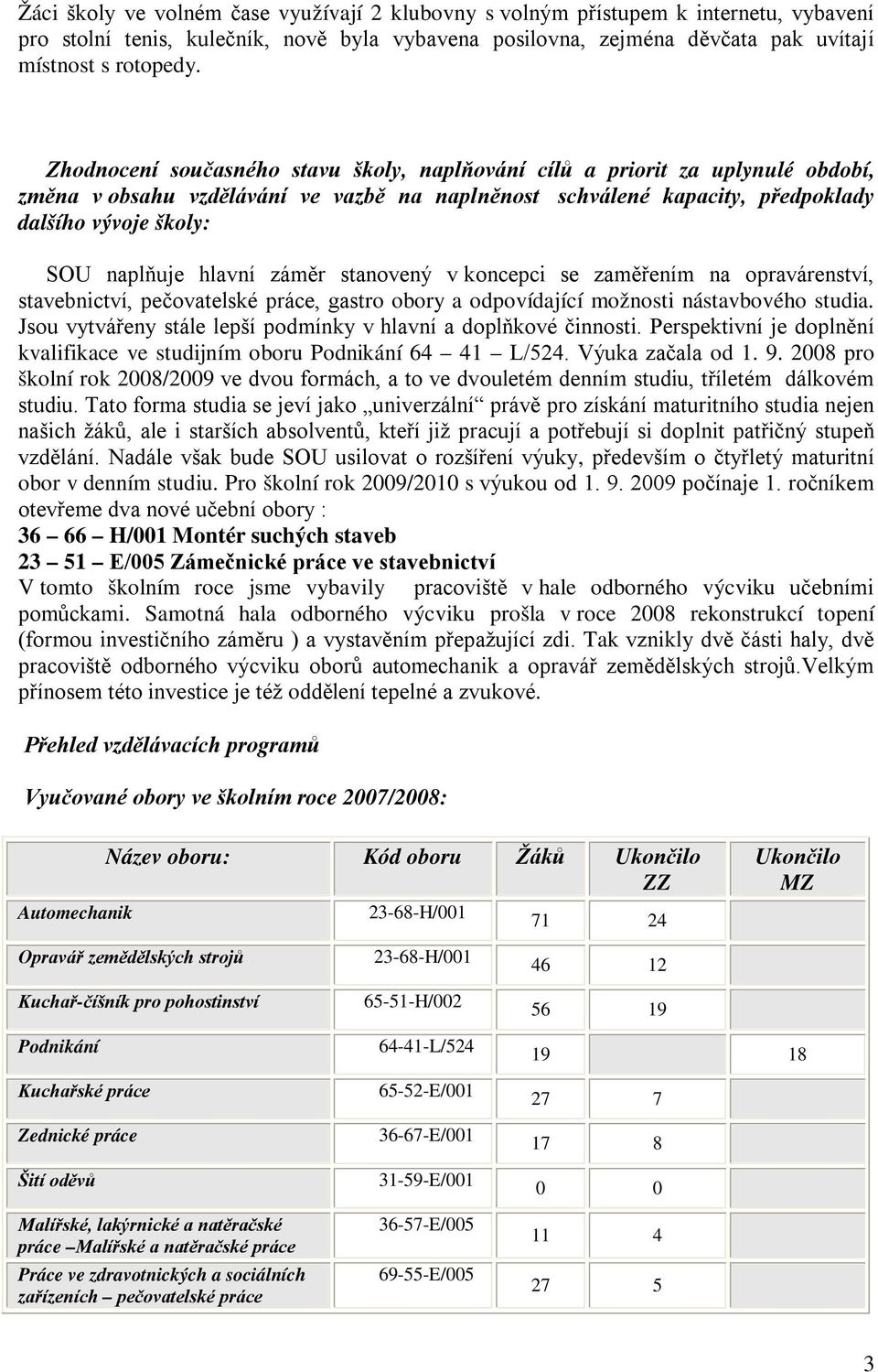 hlavní záměr stanovený v koncepci se zaměřením na opravárenství, stavebnictví, pečovatelské práce, gastro obory a odpovídající možnosti nástavbového studia.