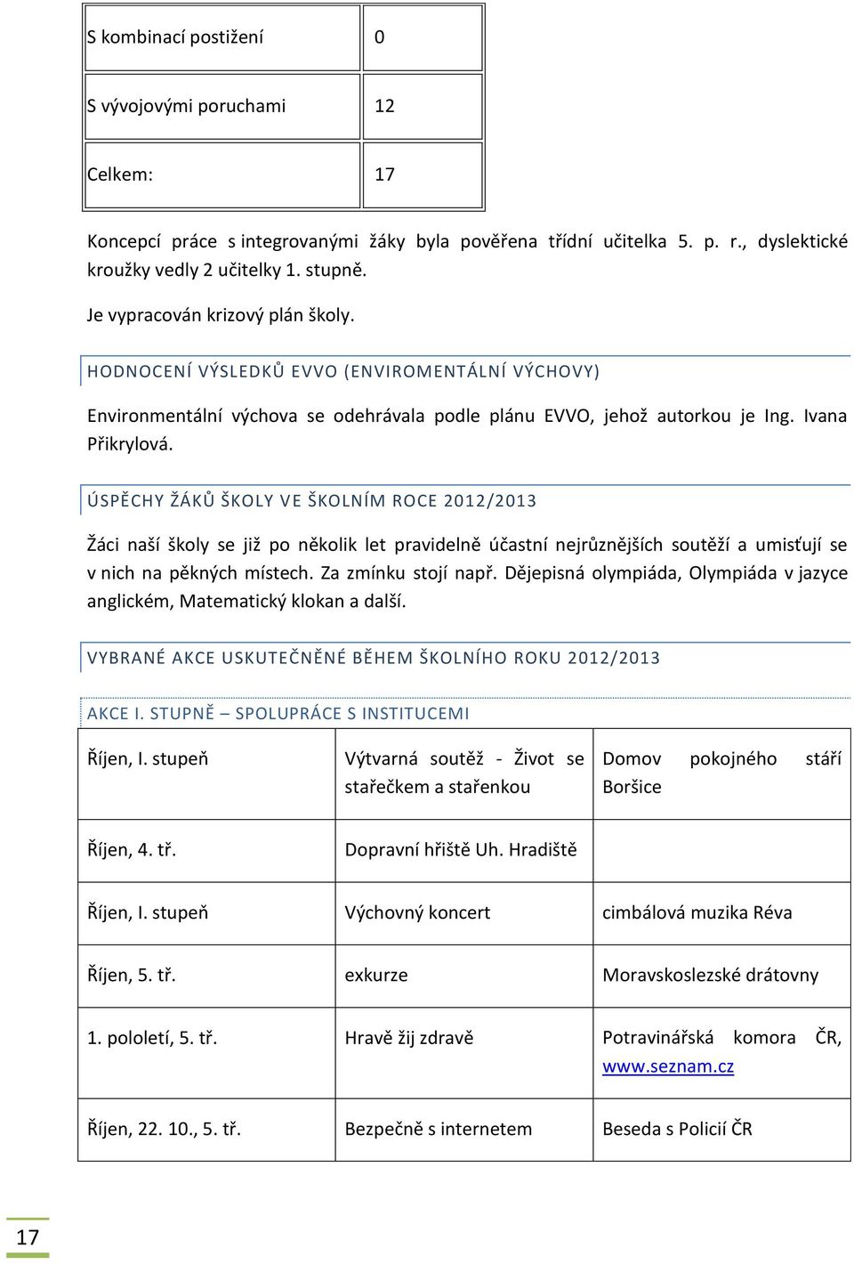 ÚSPĚCHY ŽÁKŮ ŠKOLY VE ŠKOLNÍM ROCE 2012/2013 Žáci naší školy se již po několik let pravidelně účastní nejrůznějších soutěží a umisťují se v nich na pěkných místech. Za zmínku stojí např.