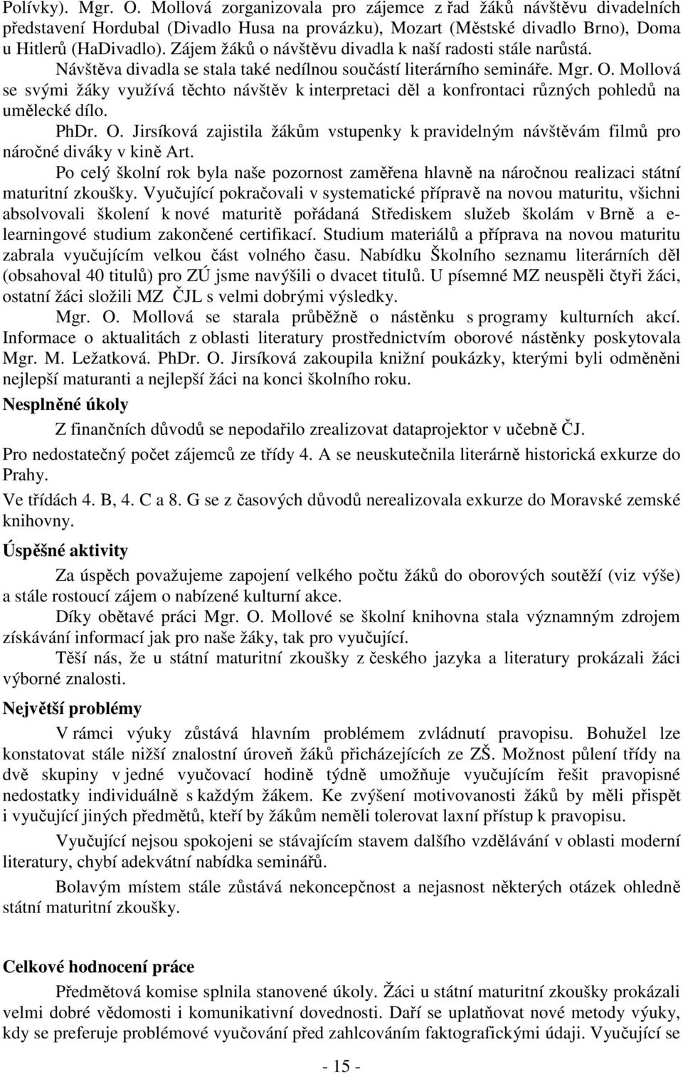 Mollová se svými žáky využívá těchto návštěv k interpretaci děl a konfrontaci různých pohledů na umělecké dílo. PhDr. O.