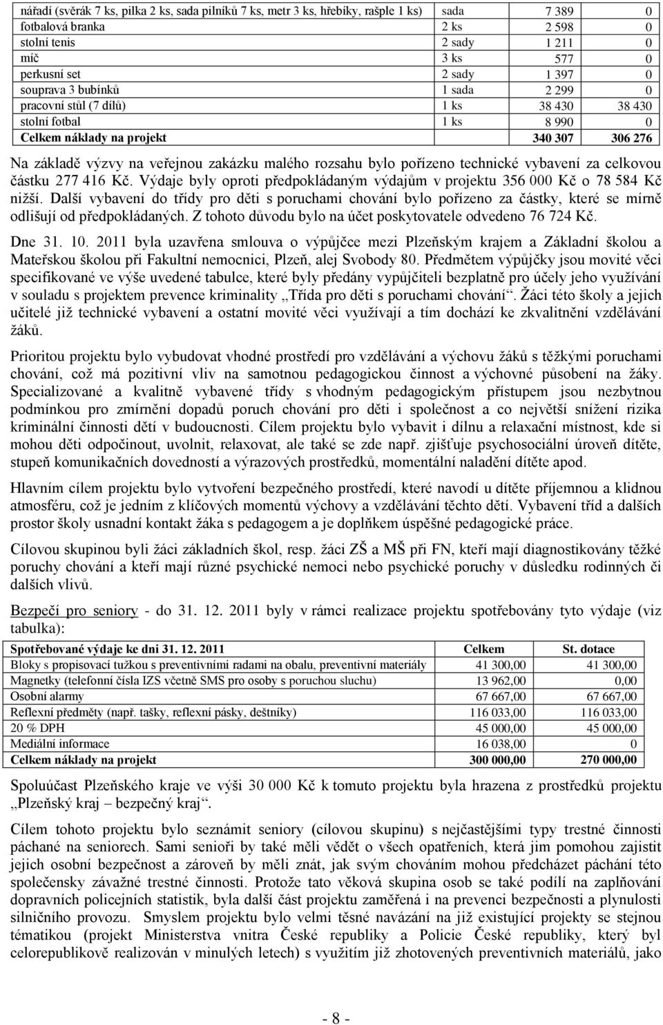 bylo pořízeno technické vybavení za celkovou částku 277 416 Kč. Výdaje byly oproti předpokládaným výdajům v projektu 356 000 Kč o 78 584 Kč nižší.