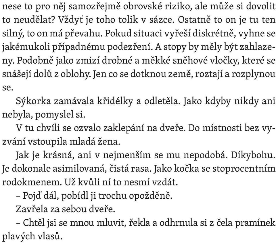 Jen co se dotknou země, roztají a rozplynou se. Sýkorka zamávala křidélky a odletěla. Jako kdyby nikdy ani nebyla, pomyslel si. V tu chvíli se ozvalo zaklepání na dveře.