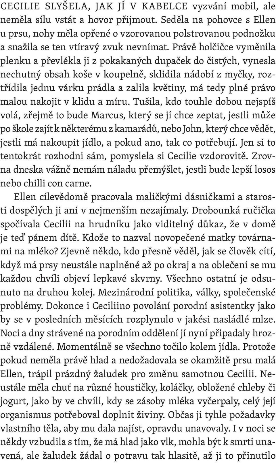 Právě holčičce vyměnila plenku a převlékla ji z pokakaných dupaček do čistých, vynesla nechutný obsah koše v koupelně, sklidila nádobí z myčky, roztřídila jednu várku prádla a zalila květiny, má tedy