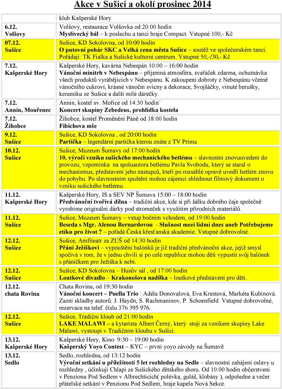 Vstupné 50,-/30,- Kč, kavárna Nebespán 10:00 16:00 hodin Vánoční minitrh v Nebespánu příjemná atmosféra, svařáček zdarma, ochutnávka všech produktů vyrábějících v Nebespánu.