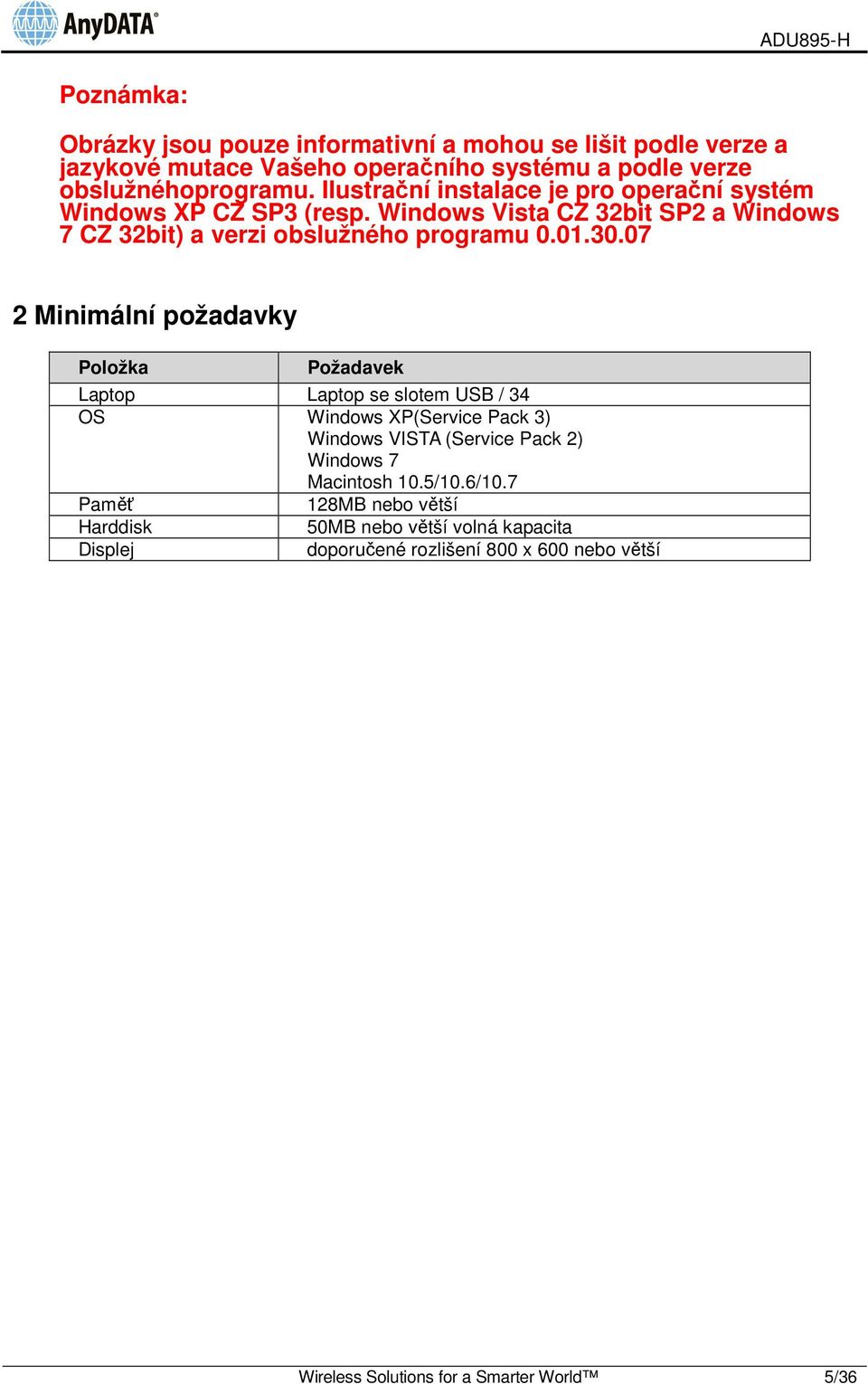 07 2 Minimální požadavky Položka Požadavek Laptop Laptop se slotem USB / 34 OS Windows XP(Service Pack 3) Windows VISTA (Service Pack 2) Windows 7 Macintosh