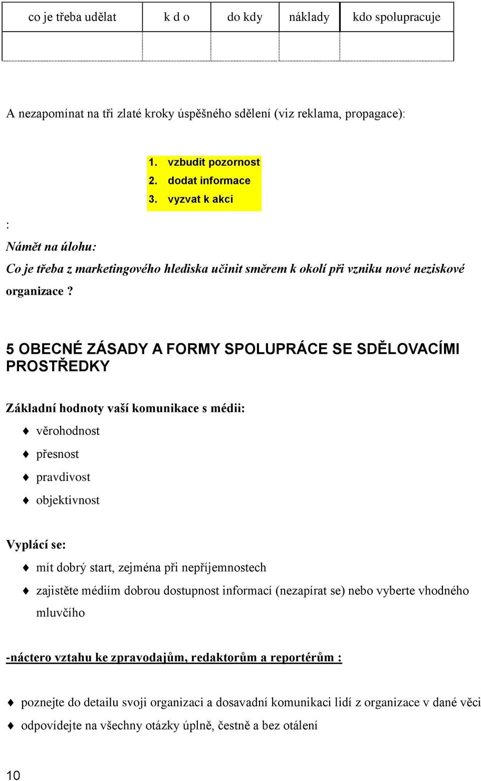 5 OBECNÉ ZÁSADY A FORMY SPOLUPRÁCE SE SDĚLOVACÍMI PROSTŘEDKY Základní hodnoty vaší komunikace s médii: věrohodnost přesnost pravdivost objektivnost Vyplácí se: mít dobrý start, zejména při