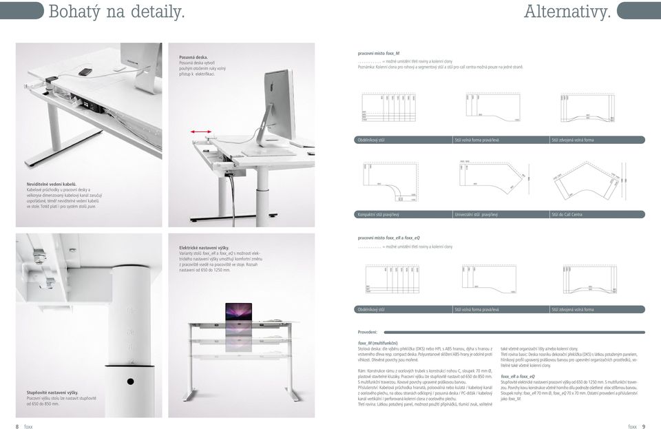 Varianty stolů foxx_er a foxx_eq s možností elektrického nastavení výšky umožňují komfortní změnu z pracoviště vsedě na pracoviště ve stoje. Rozsah nastavení od 650 do 1250 mm.