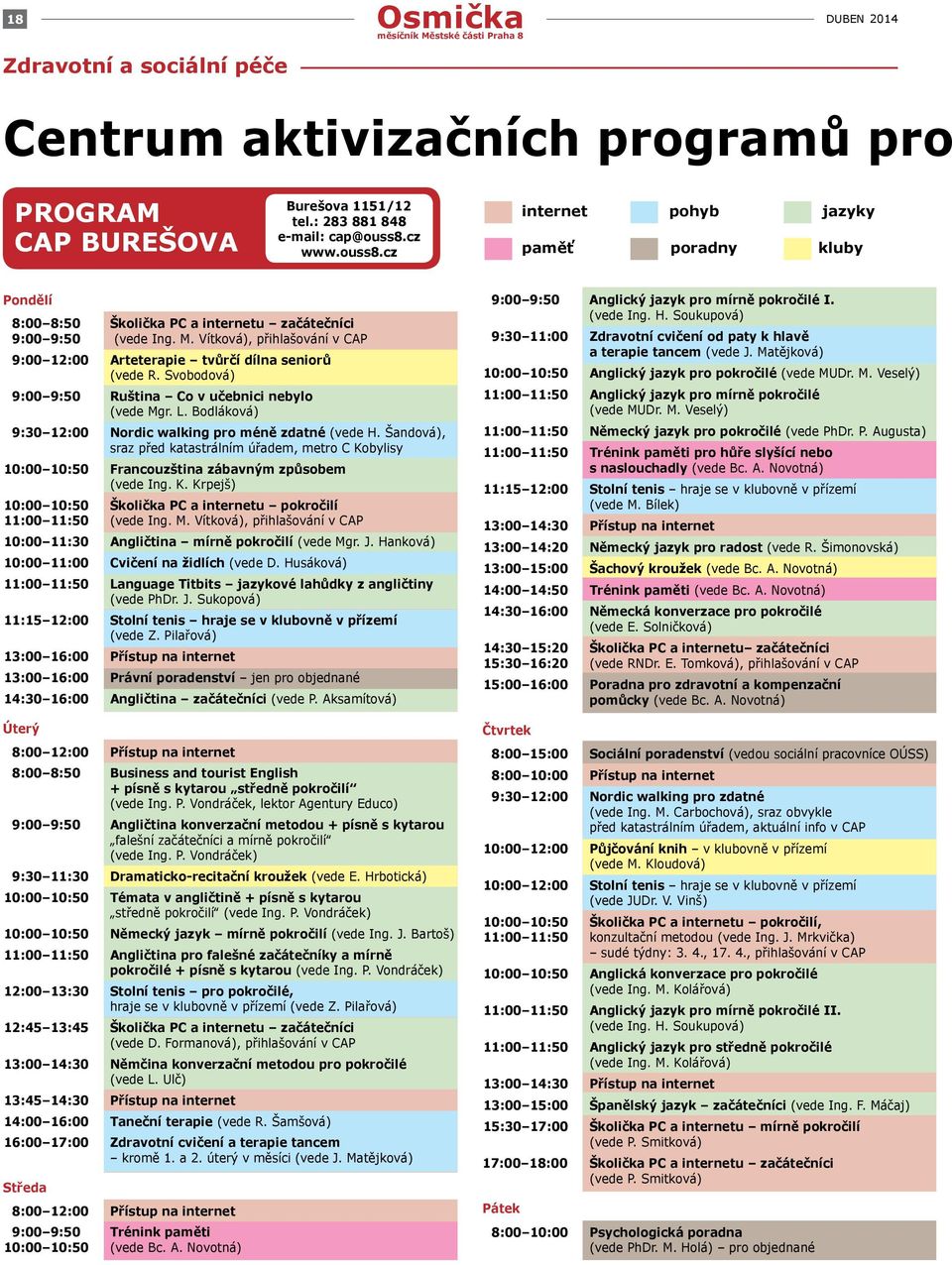 Vítková), přihlašování v CAP 9:00 12:00 Arteterapie tvůrčí dílna seniorů (vede R. Svobodová) 9:00 9:50 Ruština Co v učebnici nebylo (vede Mgr. L.