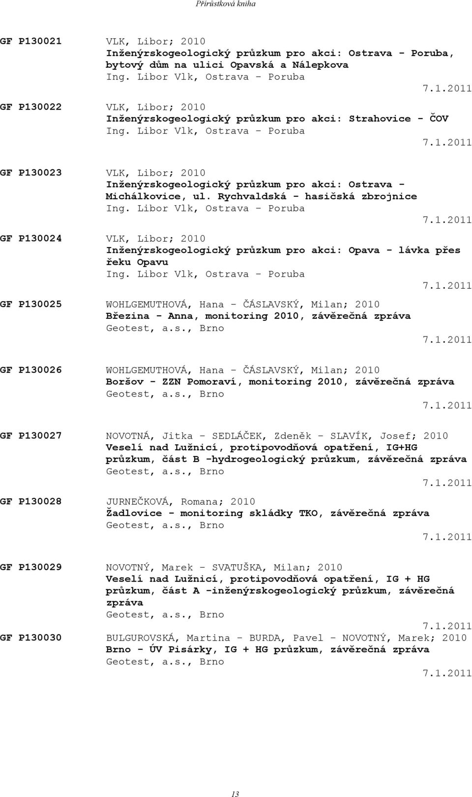 1.2011 GF P130024 VLK, Libor; 2010 Inženýrskogeologický průzkum pro akci: Opava - lávka přes řeku Opavu Ing. Libor Vlk, Ostrava - Poruba 7.1.2011 GF P130025 WOHLGEMUTHOVÁ, Hana - ČÁSLAVSKÝ, Milan; 2010 Březina - Anna, monitoring 2010, závěrečná zpráva Geotest, a.