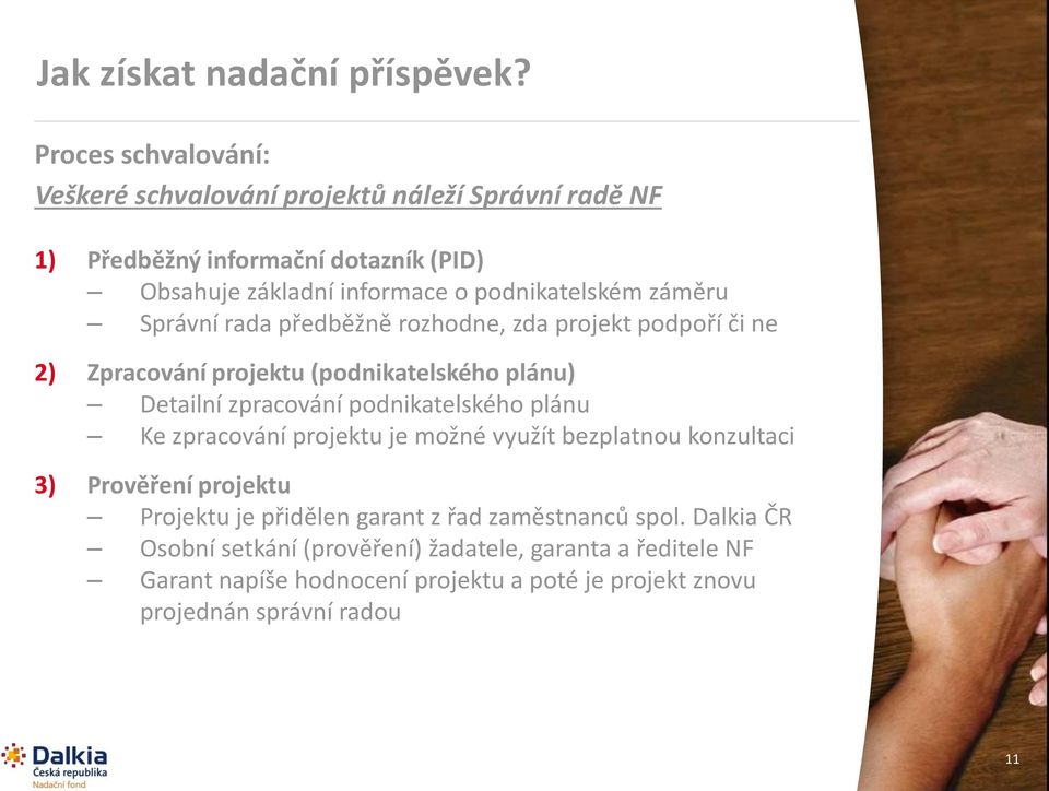 záměru Správní rada předběžně rozhodne, zda projekt podpoří či ne 2) Zpracování projektu (podnikatelského plánu) Detailní zpracování podnikatelského plánu