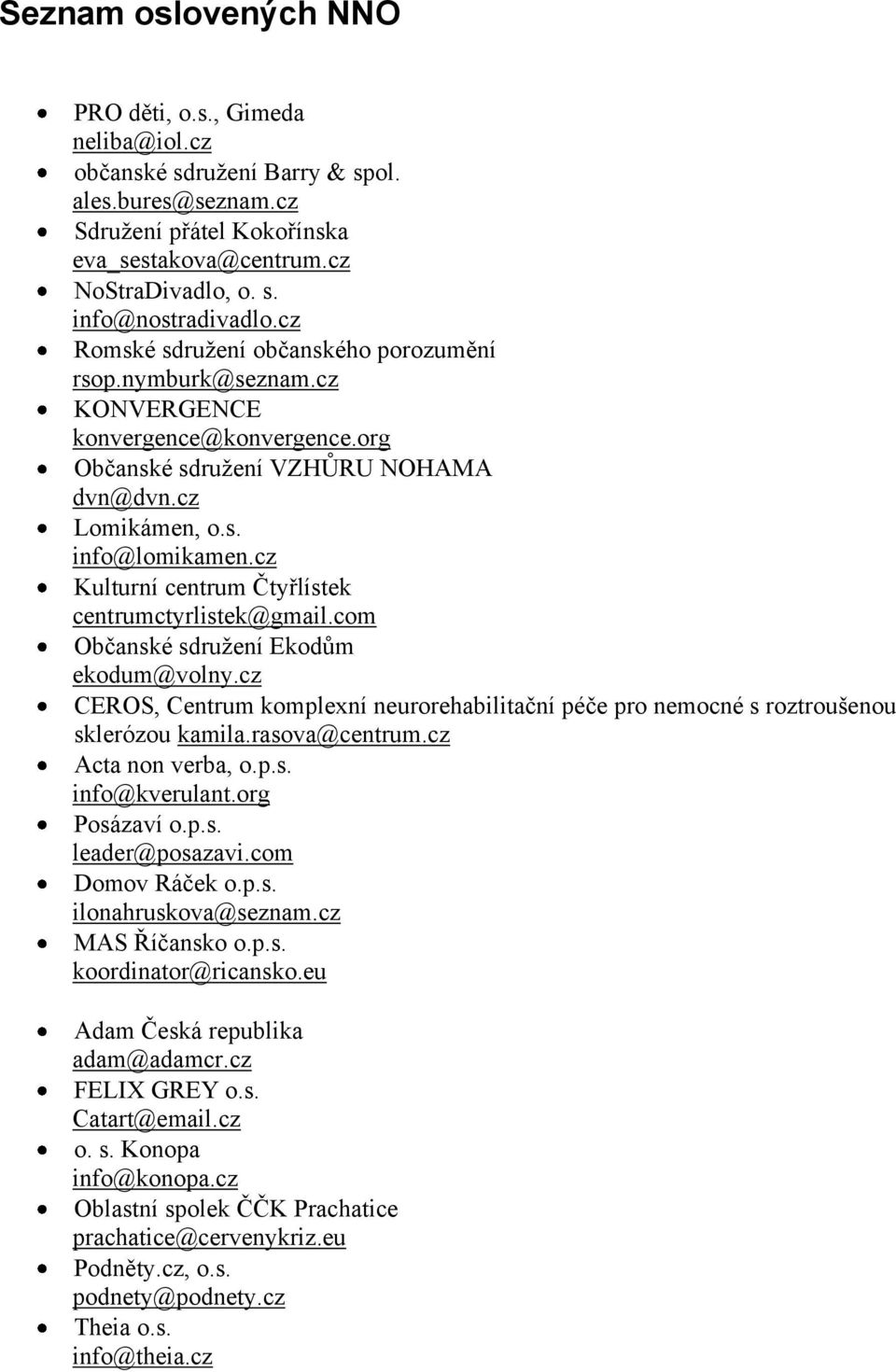 cz Kulturní centrum Čtyřlístek centrumctyrlistek@gmail.com Občanské sdruţení Ekodům ekodum@volny.cz CEROS, Centrum komplexní neurorehabilitační péče pro nemocné s roztroušenou sklerózou kamila.