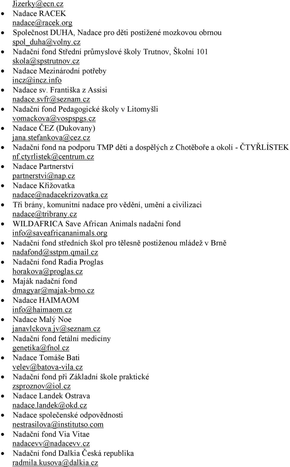 stefankova@cez.cz Nadační fond na podporu TMP dětí a dospělých z Chotěboře a okolí - ČTYŘLÍSTEK nf.ctyrlistek@centrum.cz Nadace Partnerství partnerstvi@nap.