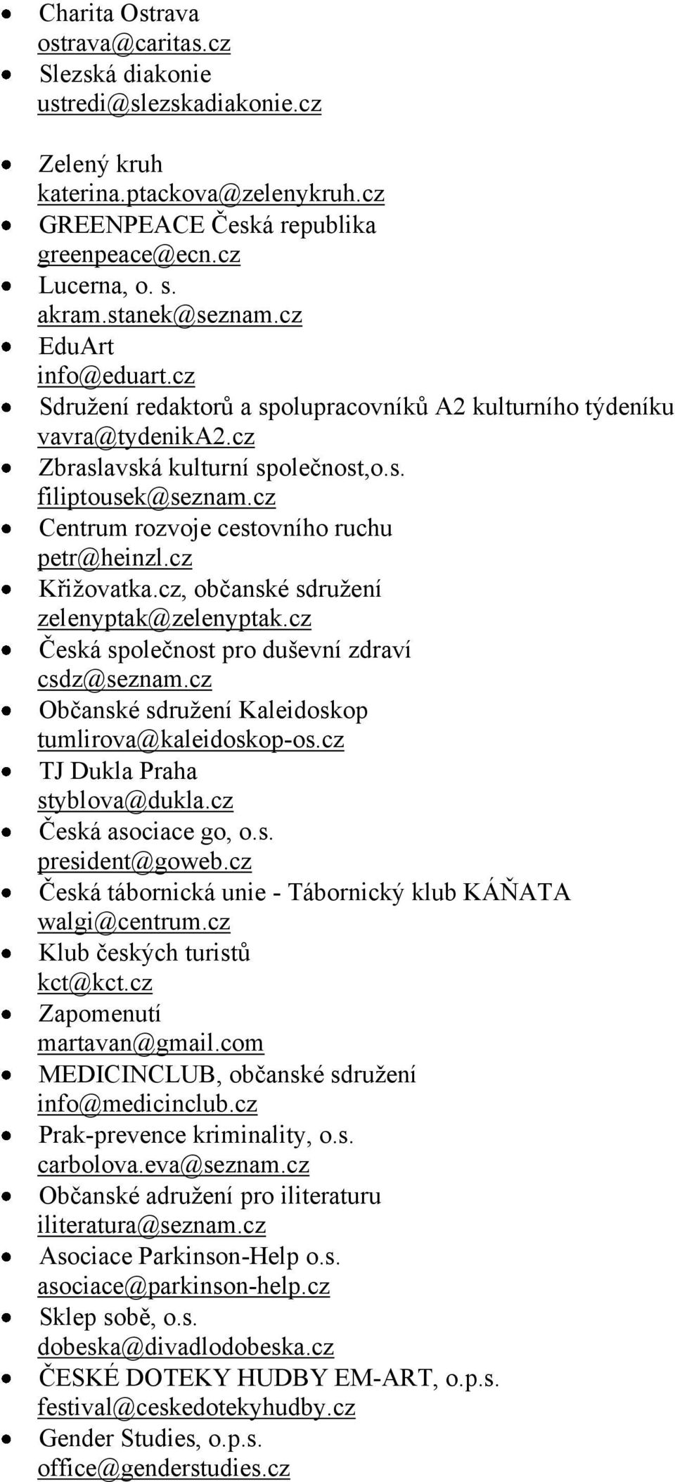 cz Centrum rozvoje cestovního ruchu petr@heinzl.cz Křiţovatka.cz, občanské sdruţení zelenyptak@zelenyptak.cz Česká společnost pro duševní zdraví csdz@seznam.