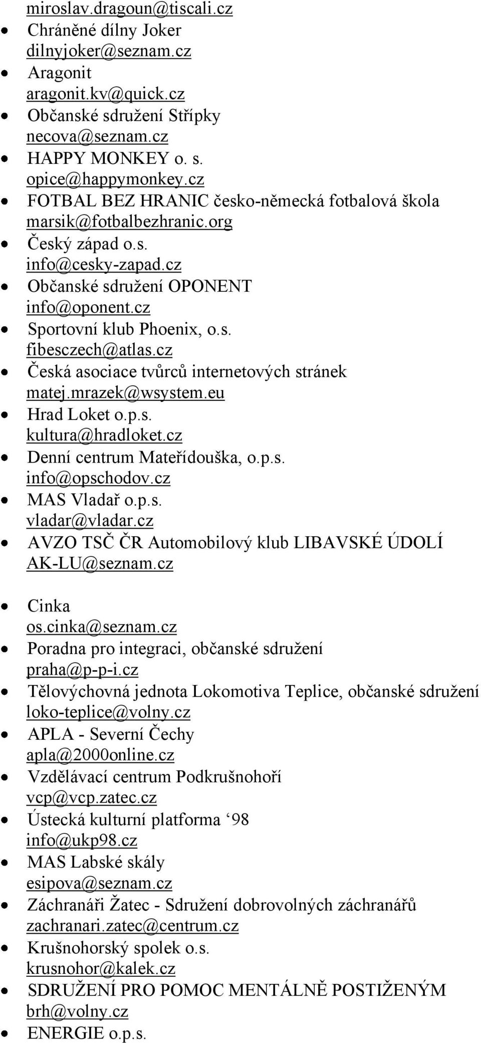 cz Česká asociace tvůrců internetových stránek matej.mrazek@wsystem.eu Hrad Loket o.p.s. kultura@hradloket.cz Denní centrum Mateřídouška, o.p.s. info@opschodov.cz MAS Vladař o.p.s. vladar@vladar.