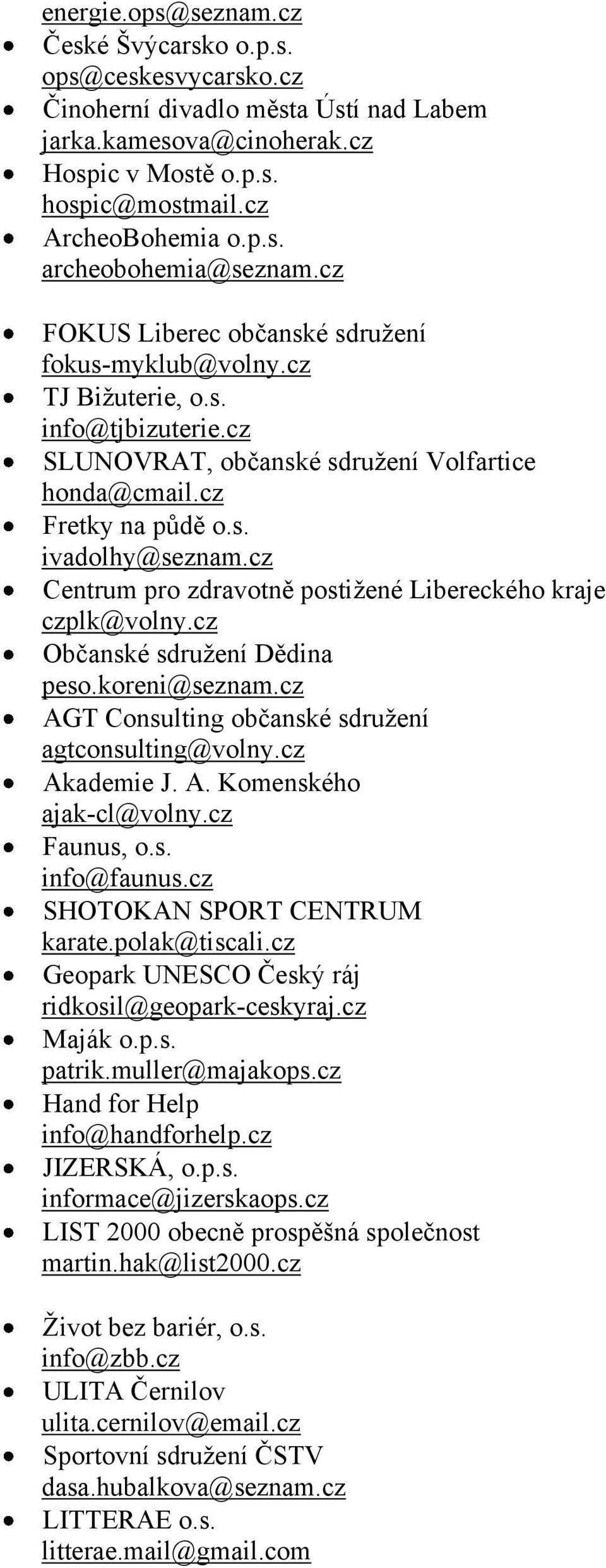 cz Centrum pro zdravotně postiţené Libereckého kraje czplk@volny.cz Občanské sdruţení Dědina peso.koreni@seznam.cz AGT Consulting občanské sdruţení agtconsulting@volny.cz Akademie J. A. Komenského ajak-cl@volny.