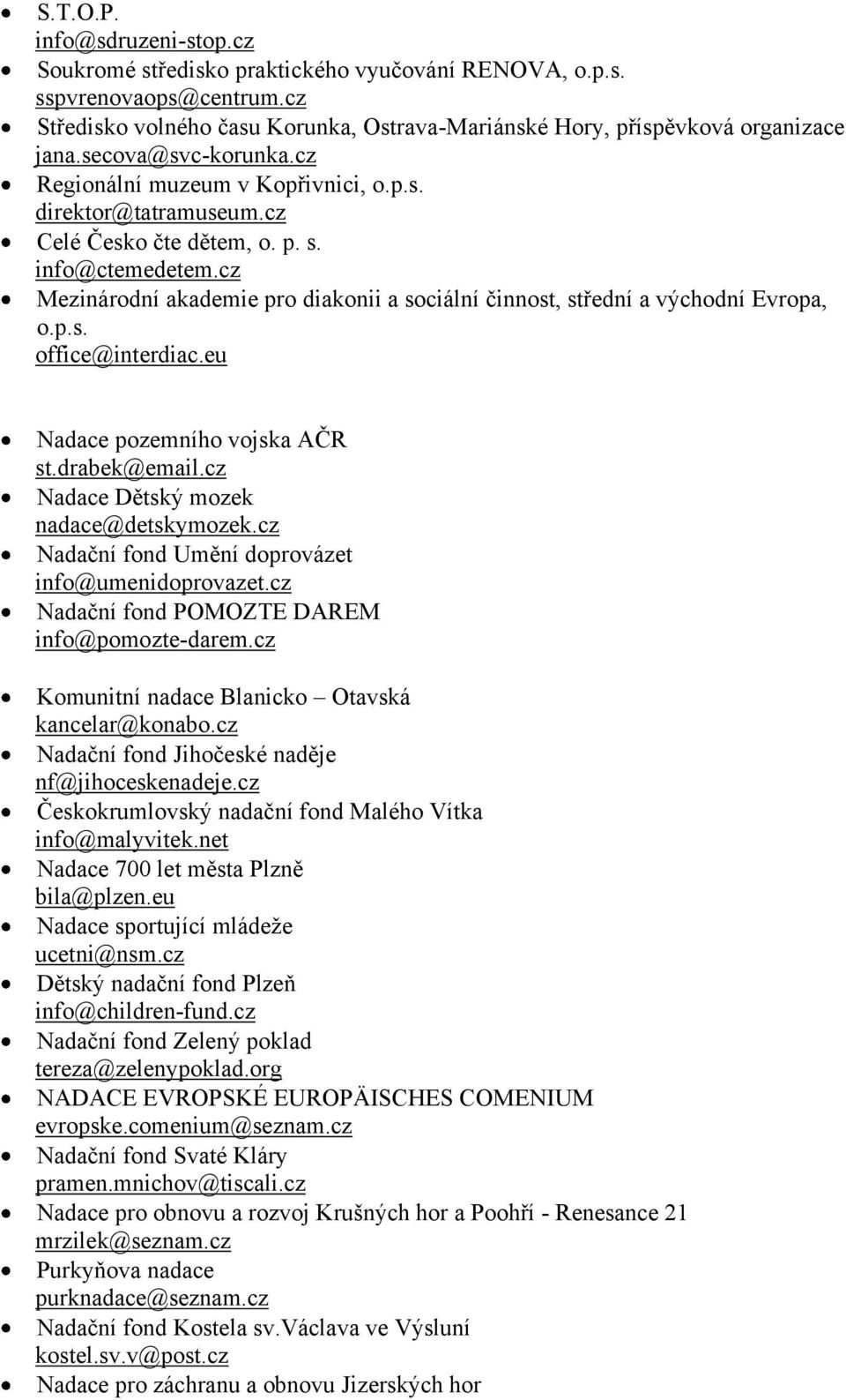 cz Mezinárodní akademie pro diakonii a sociální činnost, střední a východní Evropa, o.p.s. office@interdiac.eu Nadace pozemního vojska AČR st.drabek@email.cz Nadace Dětský mozek nadace@detskymozek.