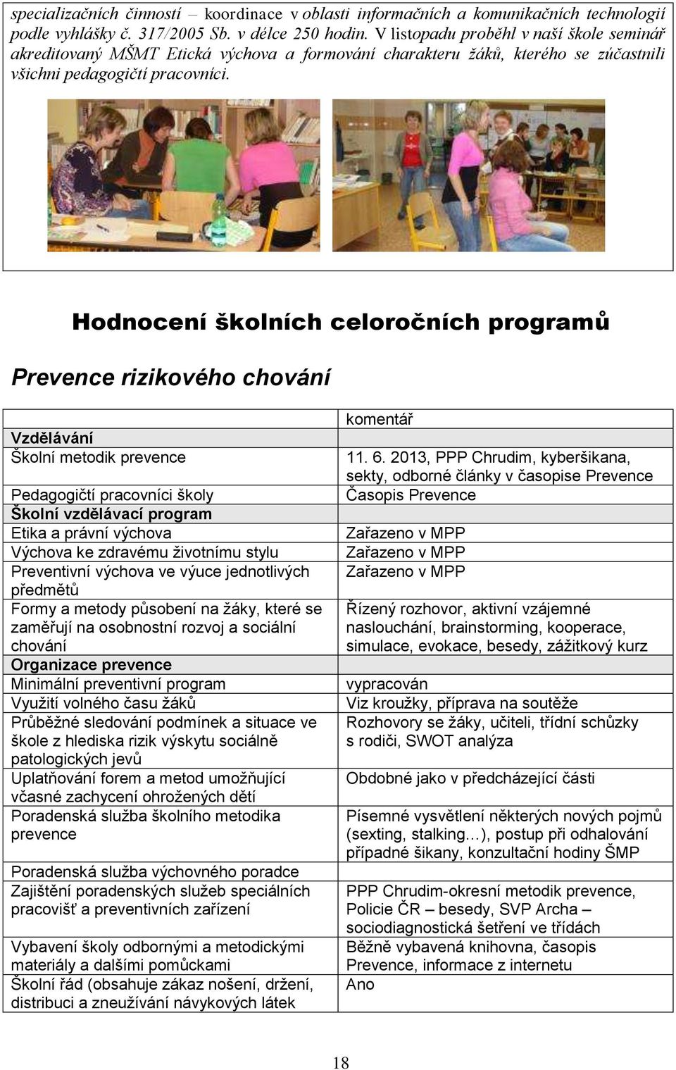 Hodnocení školních celoročních programů Prevence rizikového chování Vzdělávání Školní metodik prevence Pedagogičtí pracovníci školy Školní vzdělávací program Etika a právní výchova Výchova ke