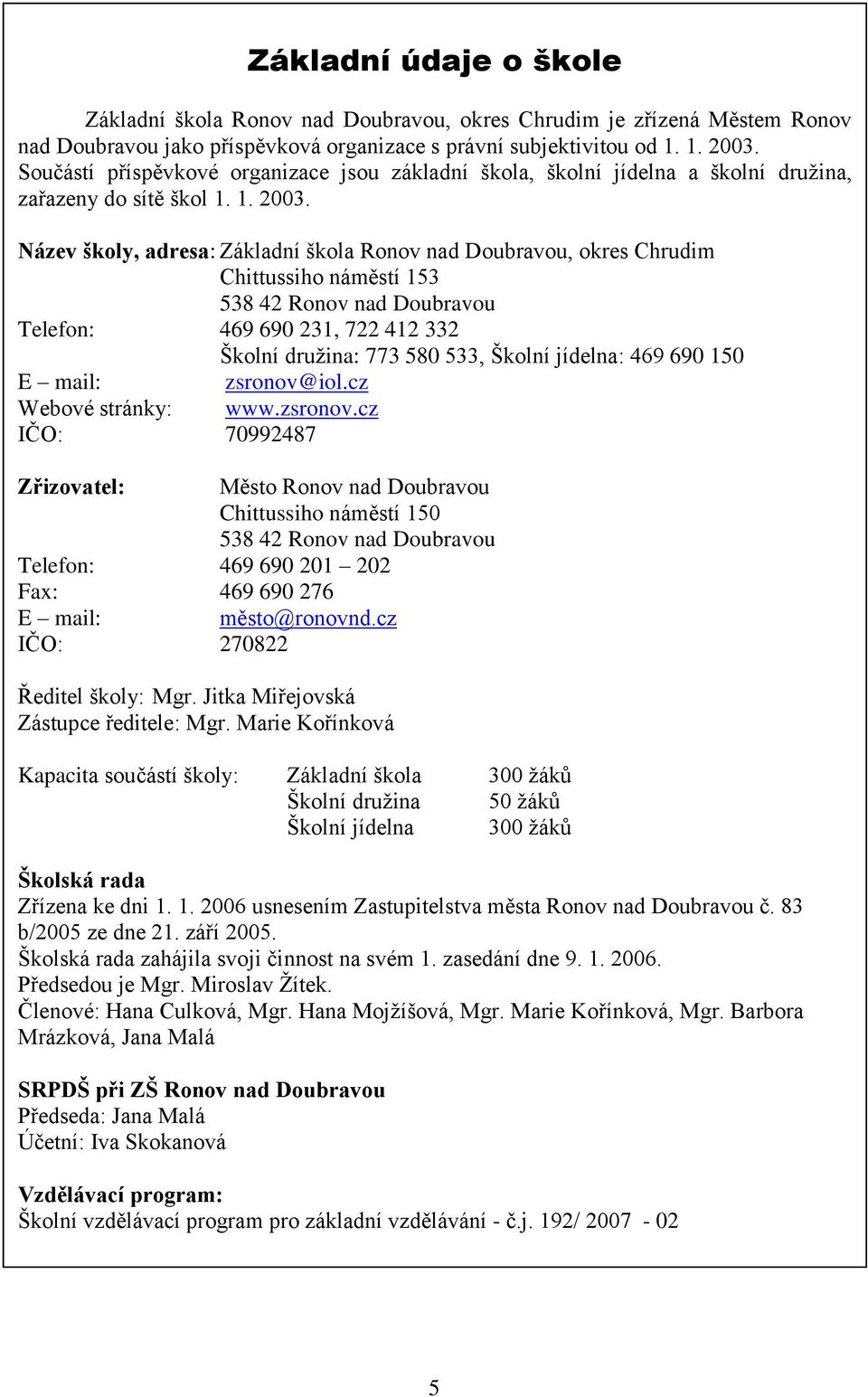 Název školy, adresa: Základní škola Ronov nad Doubravou, okres Chrudim Chittussiho náměstí 153 538 42 Ronov nad Doubravou Telefon: 469 690 231, 722 412 332 Školní družina: 773 580 533, Školní