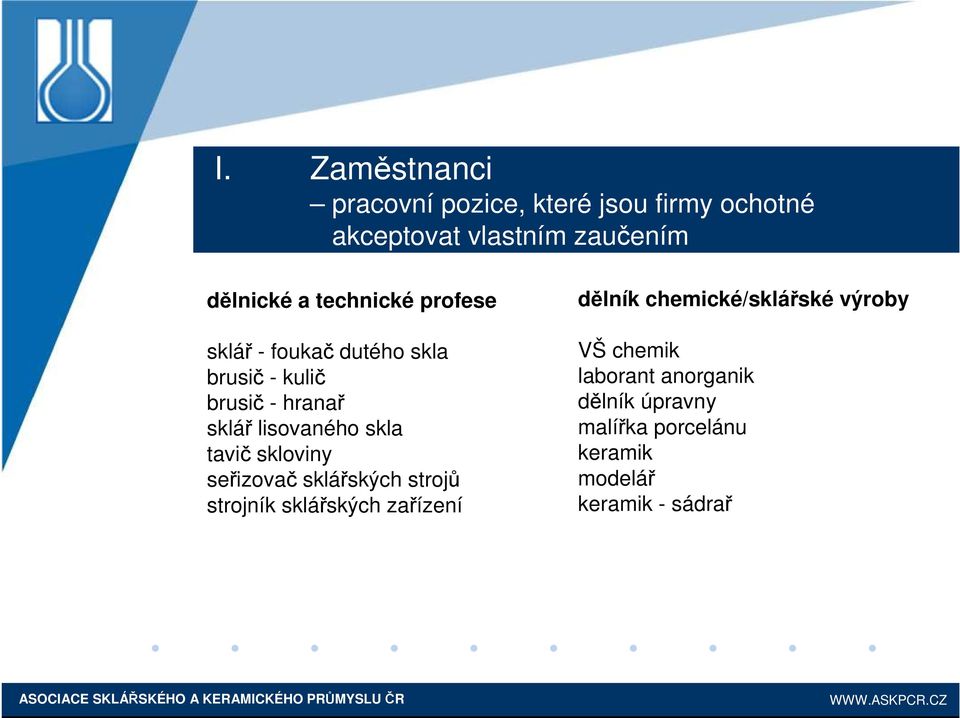 tavič skloviny seřizovač sklářských strojů strojník sklářských zařízení dělník chemické/sklářské