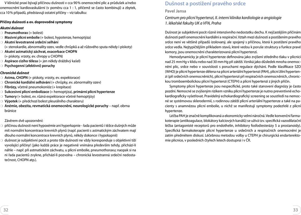 doprovodné symptomy Akutní dušnost Pneumothorax (+ bolest) Masivní plicní embolie (+ bolest, hypotenze, hemoptýza) Akutní levostranné srdeční selhání (+ stenokardie, abnormality ozev, vedle chrůpků a