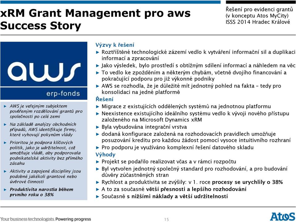 podobné jakékoli grantové nebo úvěrové činnosti Produktivita narostla během prvního roku o 38% Výzvy k řešení Roztříštěné technologické zázemí vedlo k vytváření informační sil a duplikaci informací a