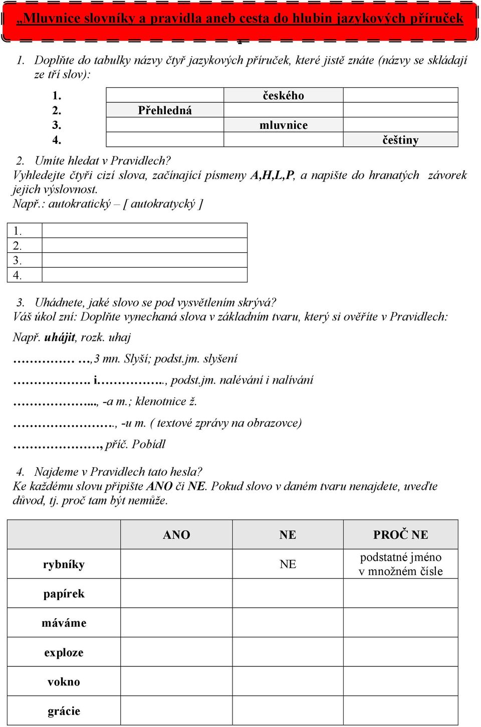 : autokratický [ autokratycký ] 1. 2. 3. 4. 3. Uhádnete, jaké slovo se pod vysvětlením skrývá? Váš úkol zní: Doplňte vynechaná slova v základním tvaru, který si ověříte v Pravidlech: Např.