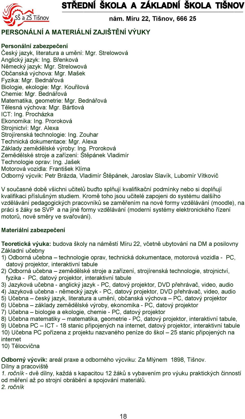 Procházka Ekonomika: Ing. Proroková Strojnictví: Mgr. Alexa Strojírenská technologie: Ing. Zouhar Technická dokumentace: Mgr. Alexa Základy zemědělské výroby: Ing.