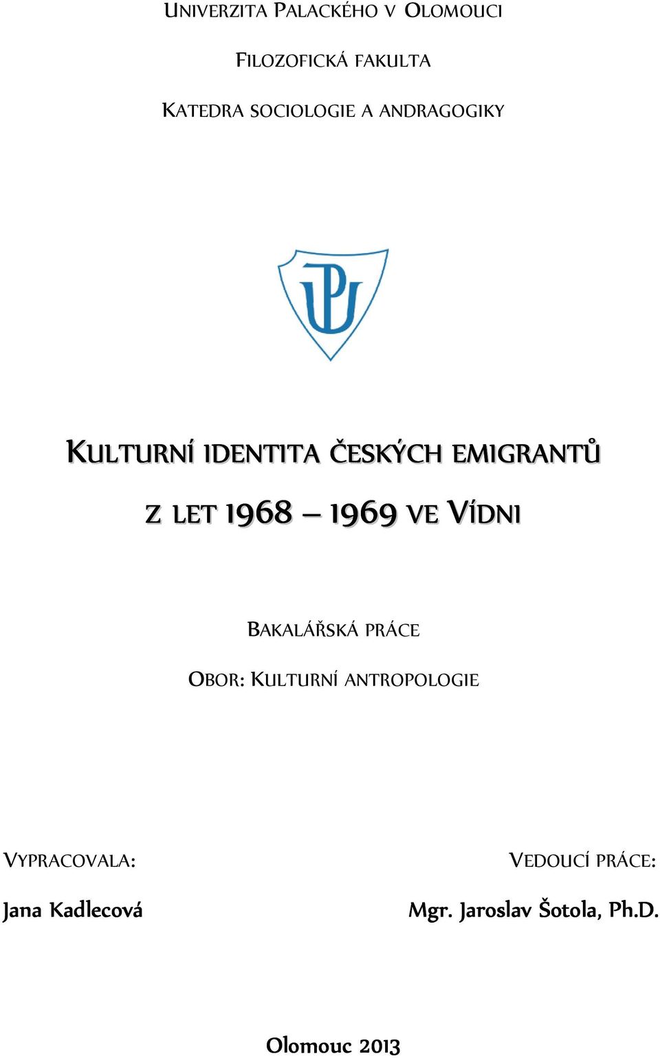 1968 1969 VE VÍDNI BAKALÁŘSKÁ PRÁCE OBOR: KULTURNÍ ANTROPOLOGIE