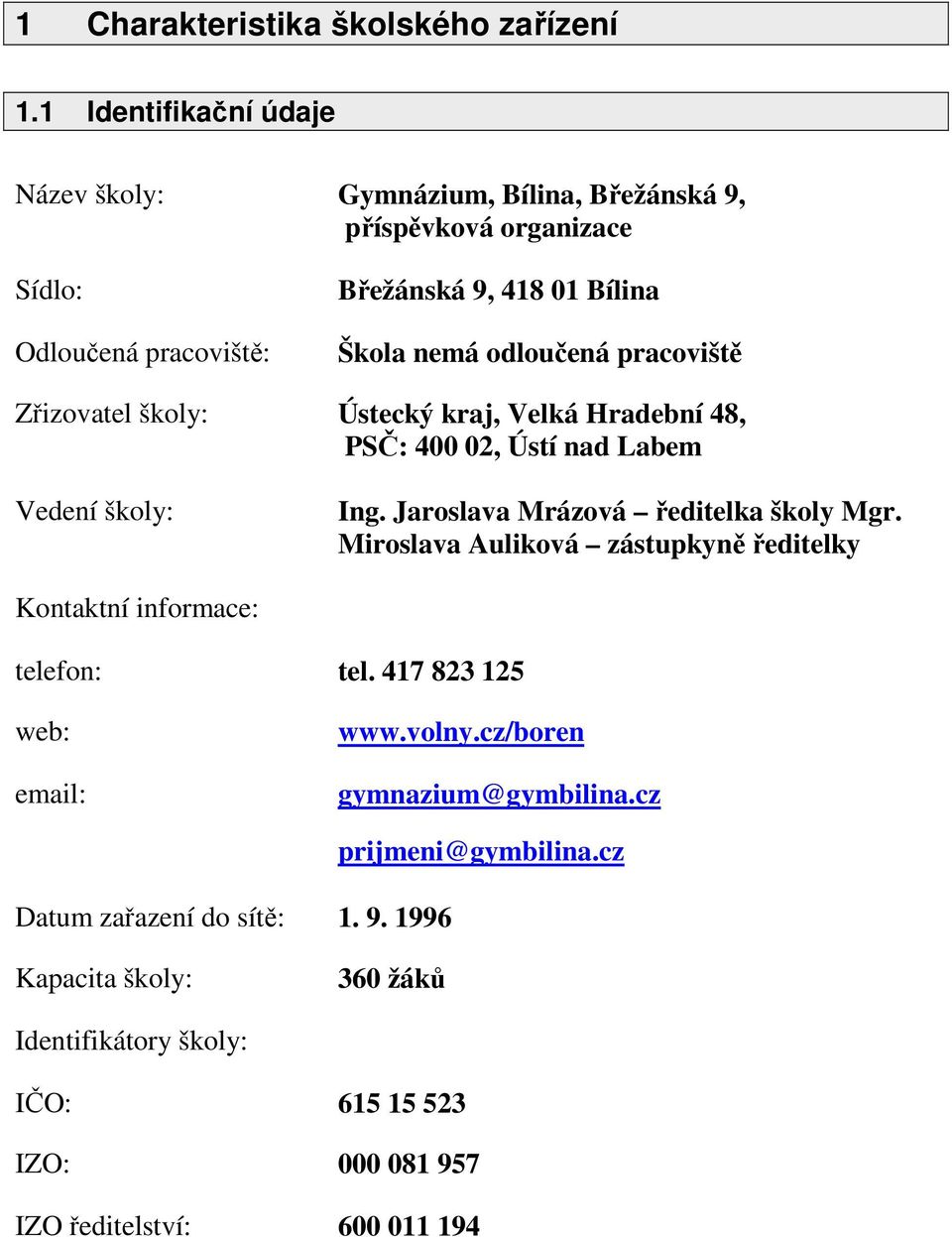 odloučená pracoviště Zřizovatel školy: Ústecký kraj, Velká Hradební 48, PSČ: 400 02, Ústí nad Labem Vedení školy: Ing. Jaroslava Mrázová ředitelka školy Mgr.