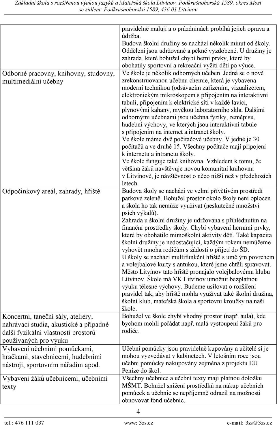 Vybavení žáků učebnicemi, učebními texty pravidelně malují a o prázdninách probíhá jejich oprava a údržba. Budova školní družiny se nachází několik minut od školy.