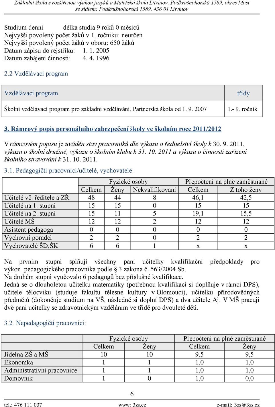 Rámcový popis personálního zabezpečení školy ve školním roce 2011/2012 V rámcovém popisu je uváděn stav pracovníků dle výkazu o ředitelství školy k 30. 9.