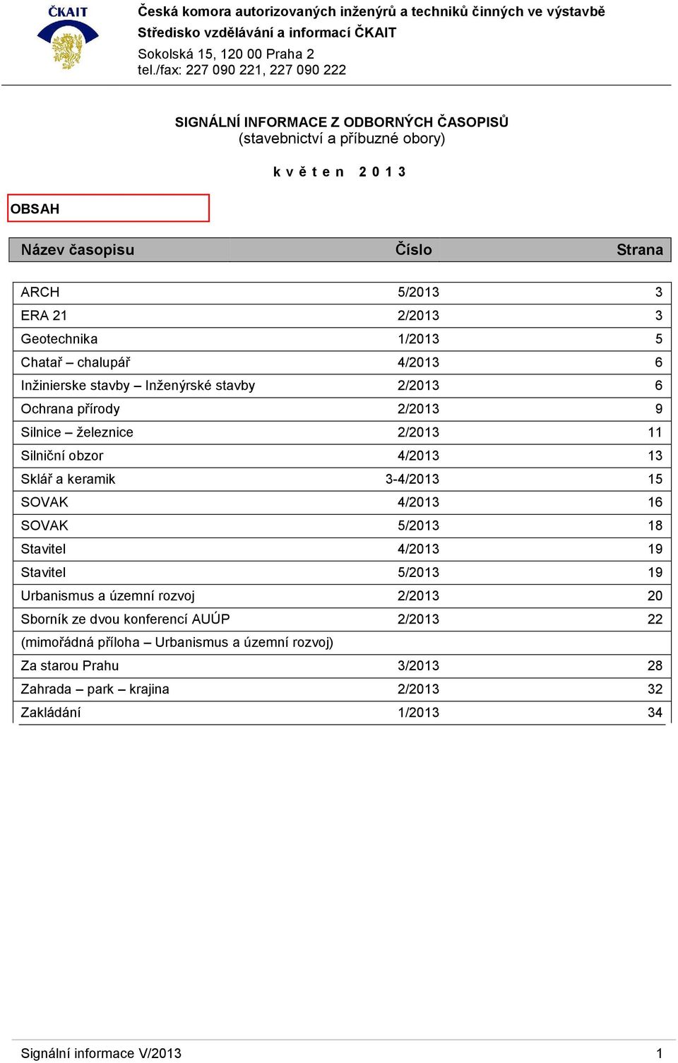 4/2013 13 Sklář a keramik 3-4/2013 15 SOVAK 4/2013 16 SOVAK 5/2013 18 Stavitel 4/2013 19 Stavitel 5/2013 19 Urbanismus a územní rozvoj 2/2013 20 Sborník ze dvou