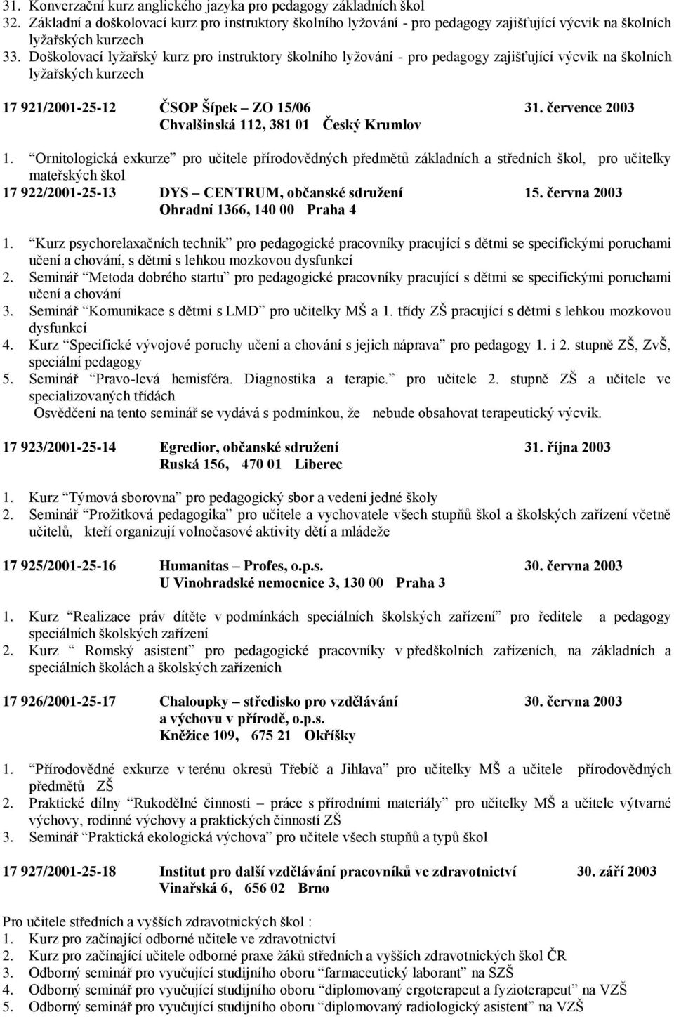 Doškolovací lyžařský kurz pro instruktory školního lyžování - pro pedagogy zajišťující výcvik na školních lyžařských kurzech 17 921/2001-25-12 ČSOP Šípek ZO 15/06 31.