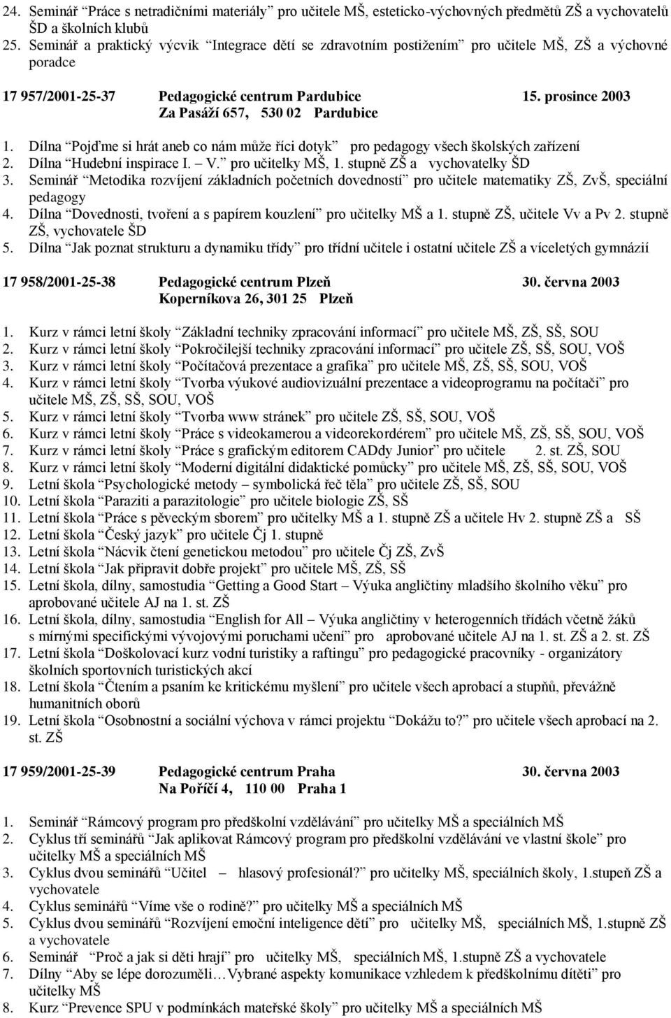 prosince 2003 Za Pasáží 657, 530 02 Pardubice 1. Dílna Pojďme si hrát aneb co nám může říci dotyk pro pedagogy všech školských zařízení 2. Dílna Hudební inspirace I. V. pro učitelky MŠ, 1.